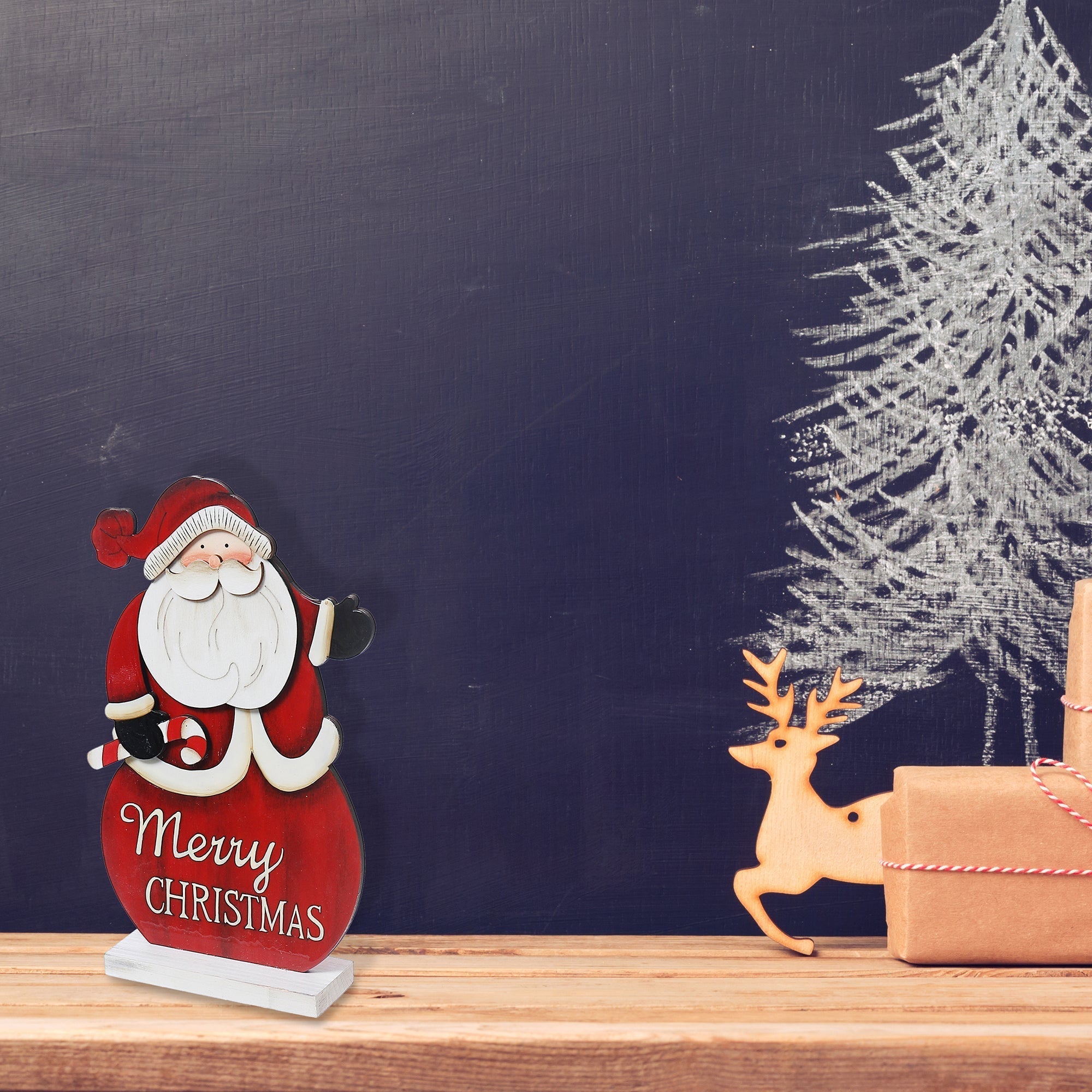 Merry Christmas Wooden Santa Stand – Holiday Table Decoration