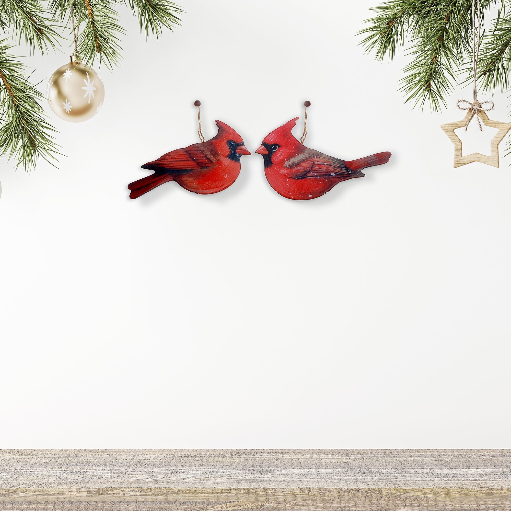Wooden Glossy Cardinal Christmas Ornament, Assorted Holiday Tree Decorations, Rustic Festive Bird Ornaments, Set of 2