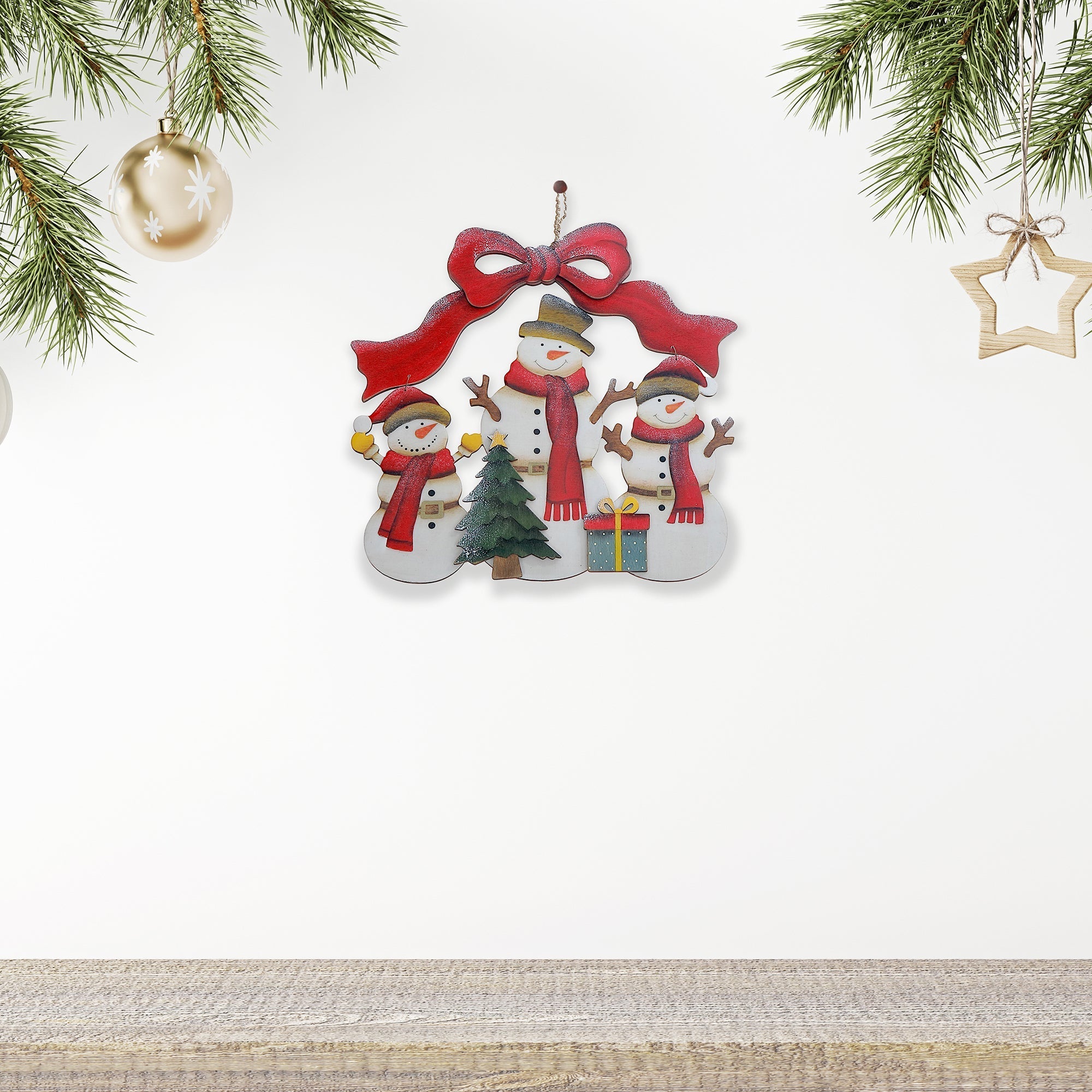 Wooden Glossy Triple Snowman Christmas Ornament, Holiday Tree Decoration, Rustic Festive Hanging Ornament