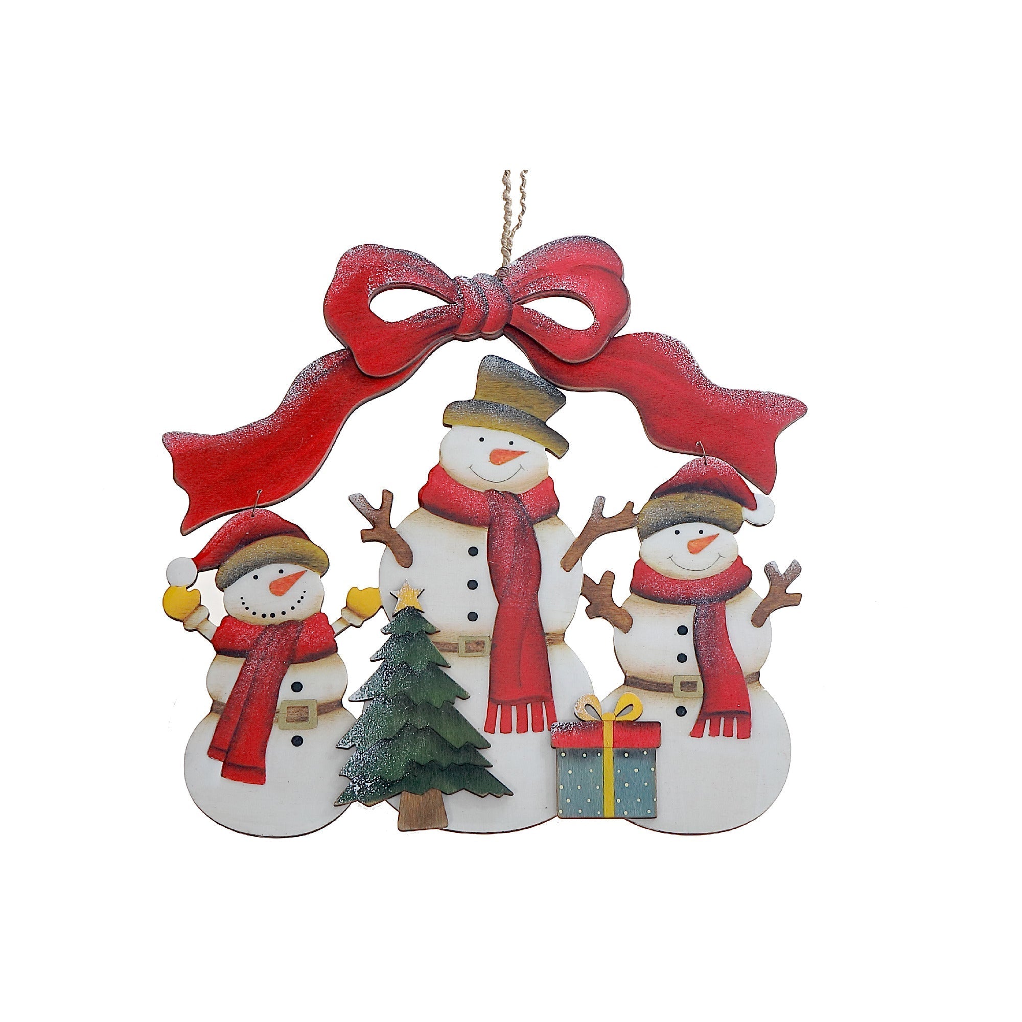Wooden Glossy Triple Snowman Christmas Ornament, Holiday Tree Decoration, Rustic Festive Hanging Ornament