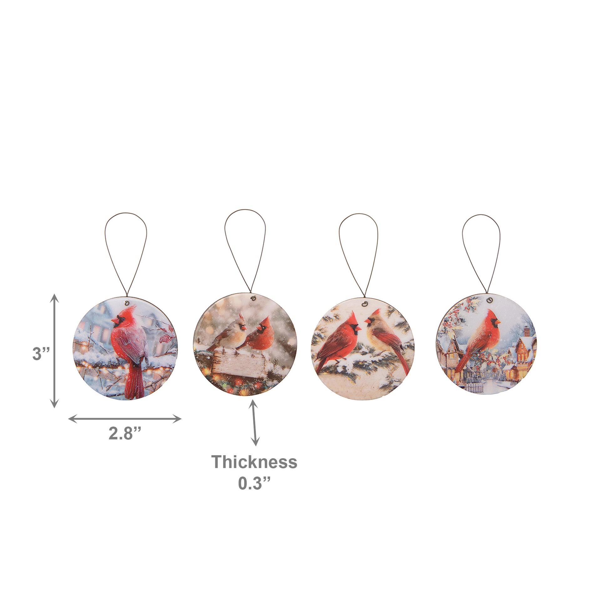 Round Glossy Wooden Ornament Cardinal Assorted, Christmas, Ornament, Holiday Decor- Set of 4