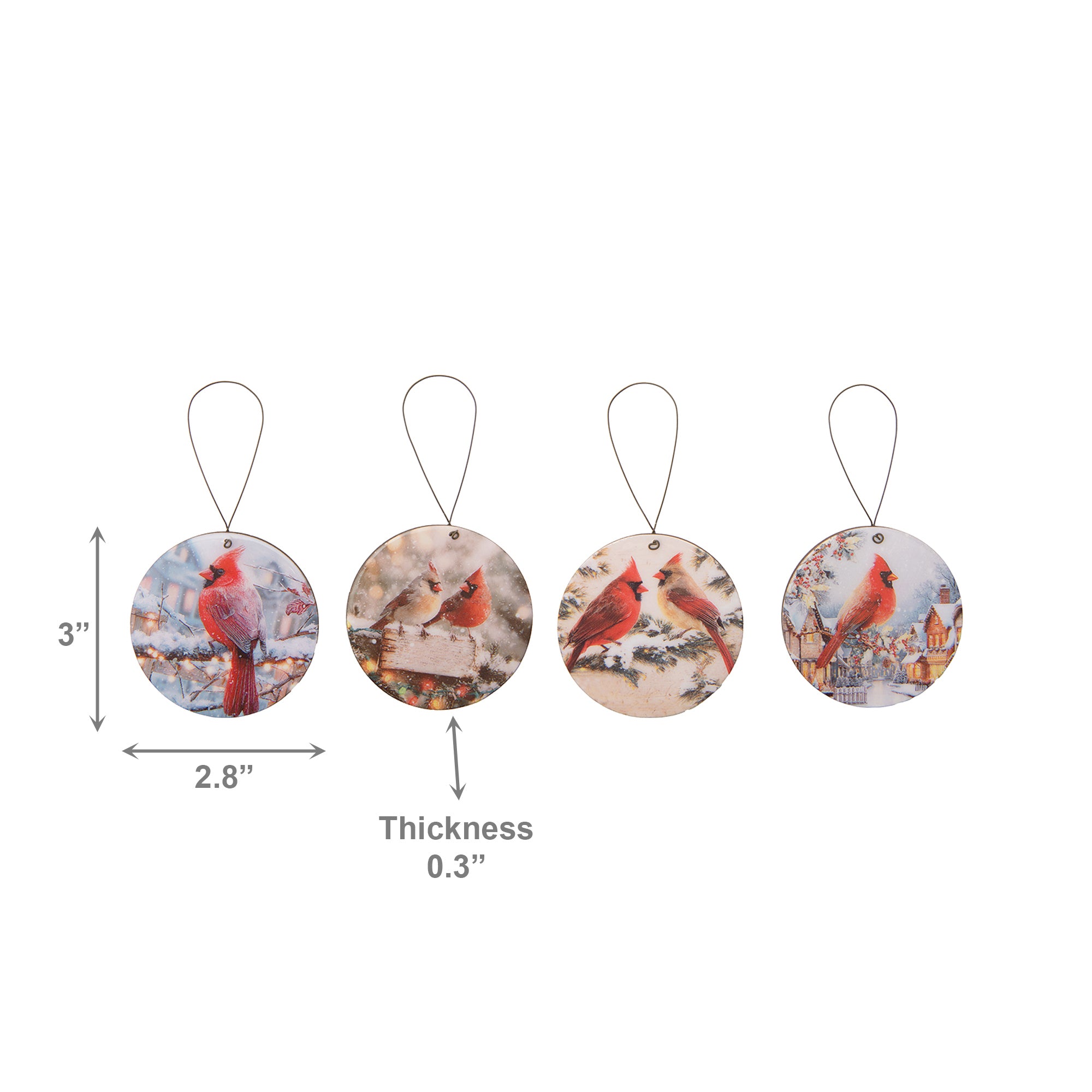 Round Glossy Wooden Ornament Cardinal Assorted, Christmas, Ornament, Holiday Decor- Set of 4