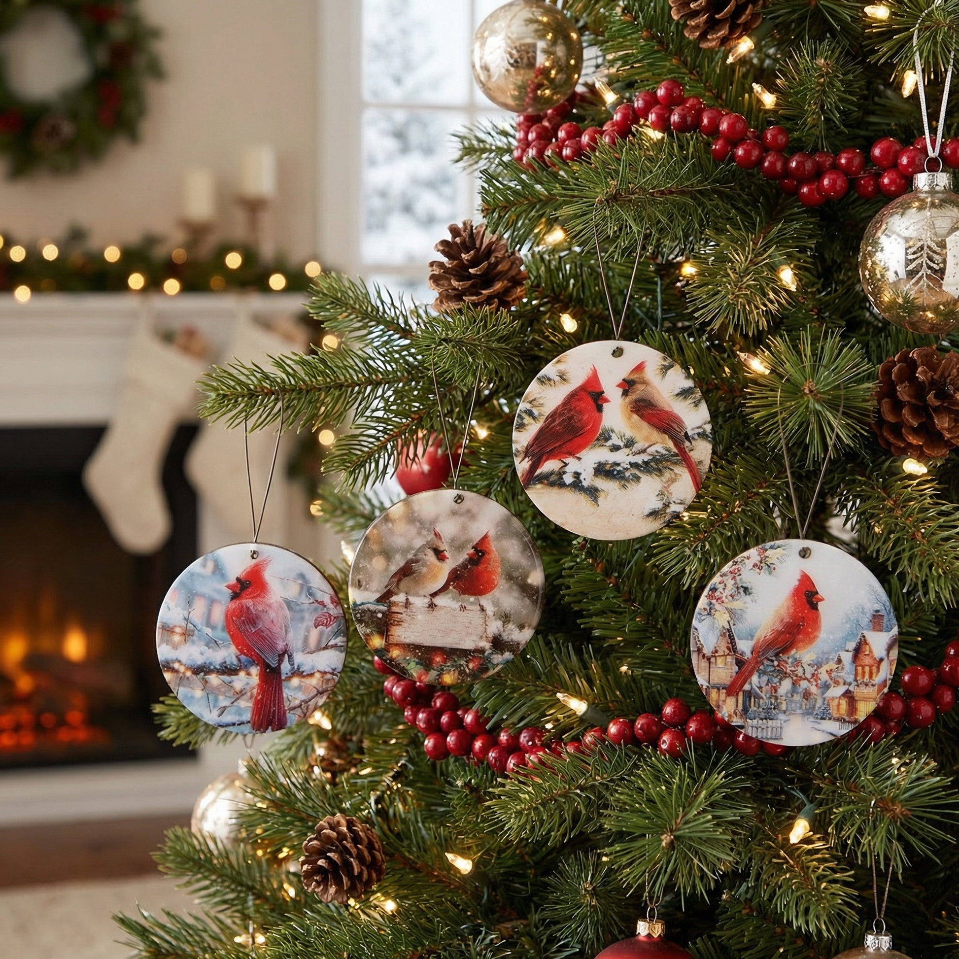 Round Glossy Wooden Ornament Cardinal Assorted, Christmas, Ornament, Holiday Decor- Set of 4