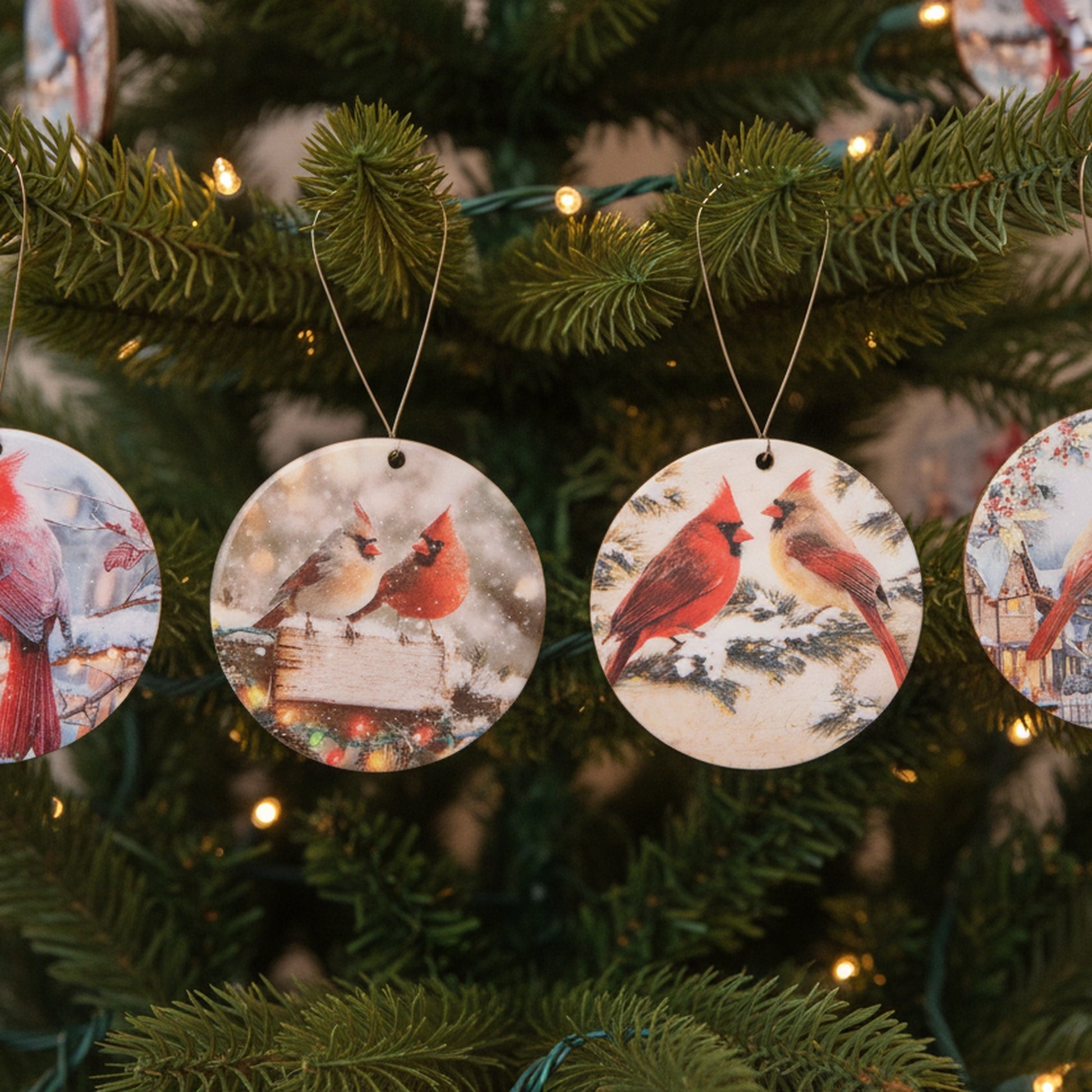 Round Glossy Wooden Ornament Cardinal Assorted, Christmas, Ornament, Holiday Decor- Set of 4