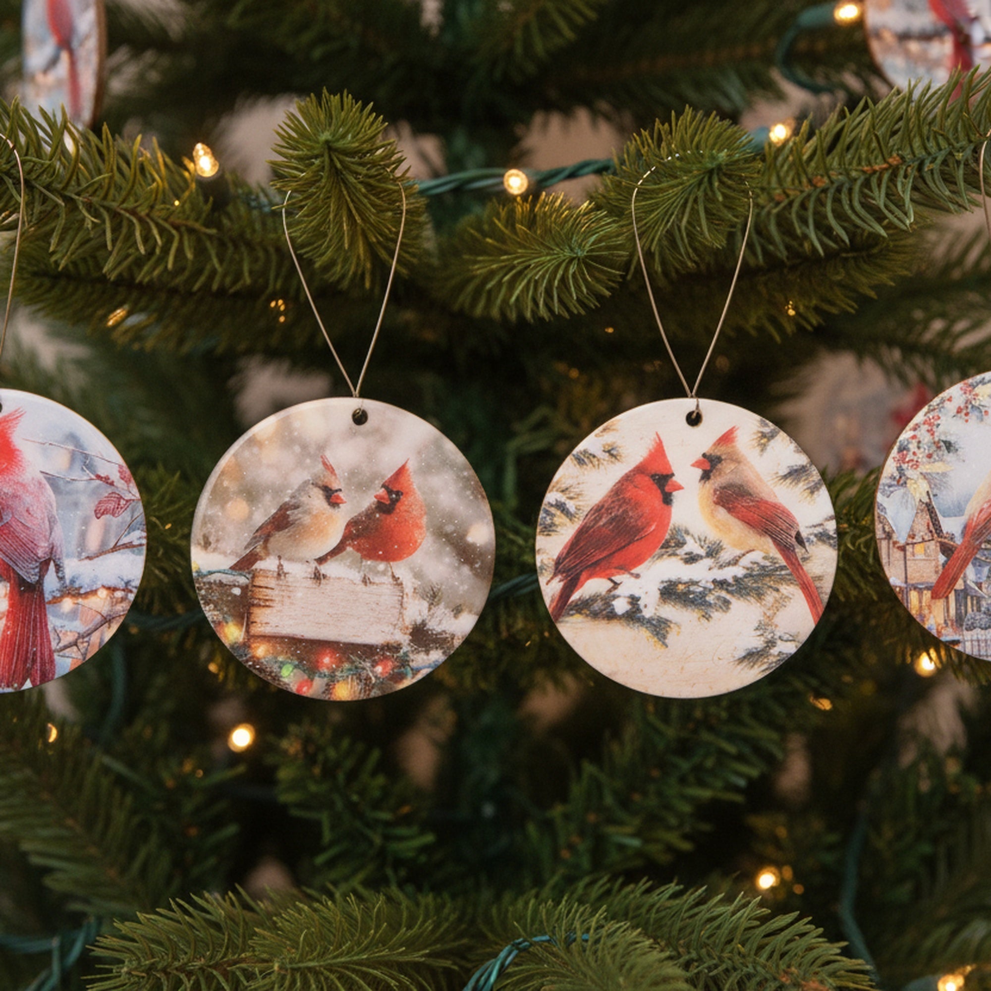 Round Glossy Wooden Ornament Cardinal Assorted, Christmas, Ornament, Holiday Decor- Set of 4