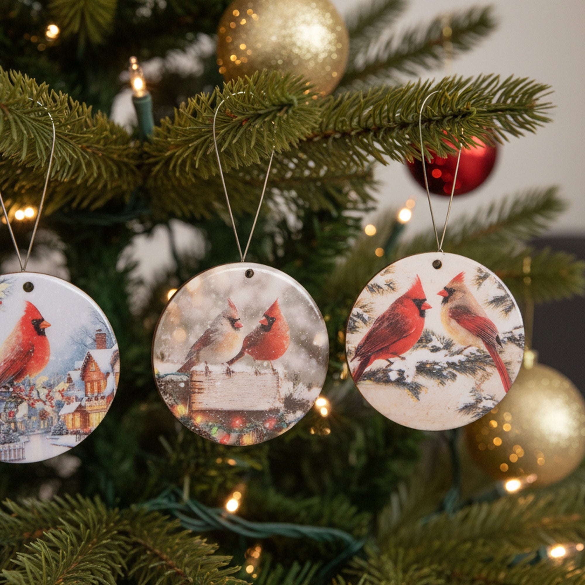 Round Glossy Wooden Ornament Cardinal Assorted, Christmas, Ornament, Holiday Decor- Set of 4