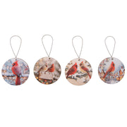 Round Glossy Wooden Ornament Cardinal Assorted, Christmas, Ornament, Holiday Decor- Set of 4