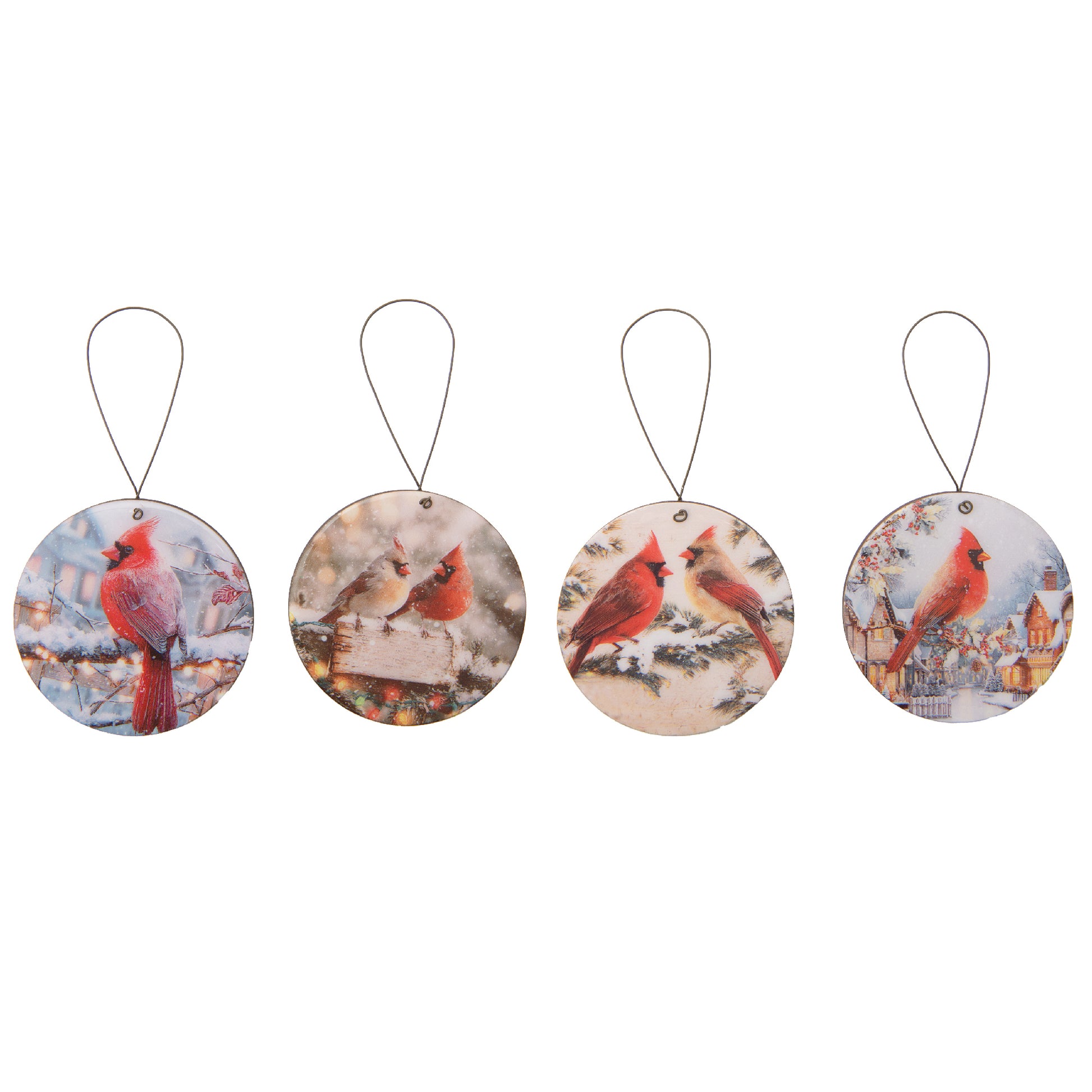Round Glossy Wooden Ornament Cardinal Assorted, Christmas, Ornament, Holiday Decor- Set of 4