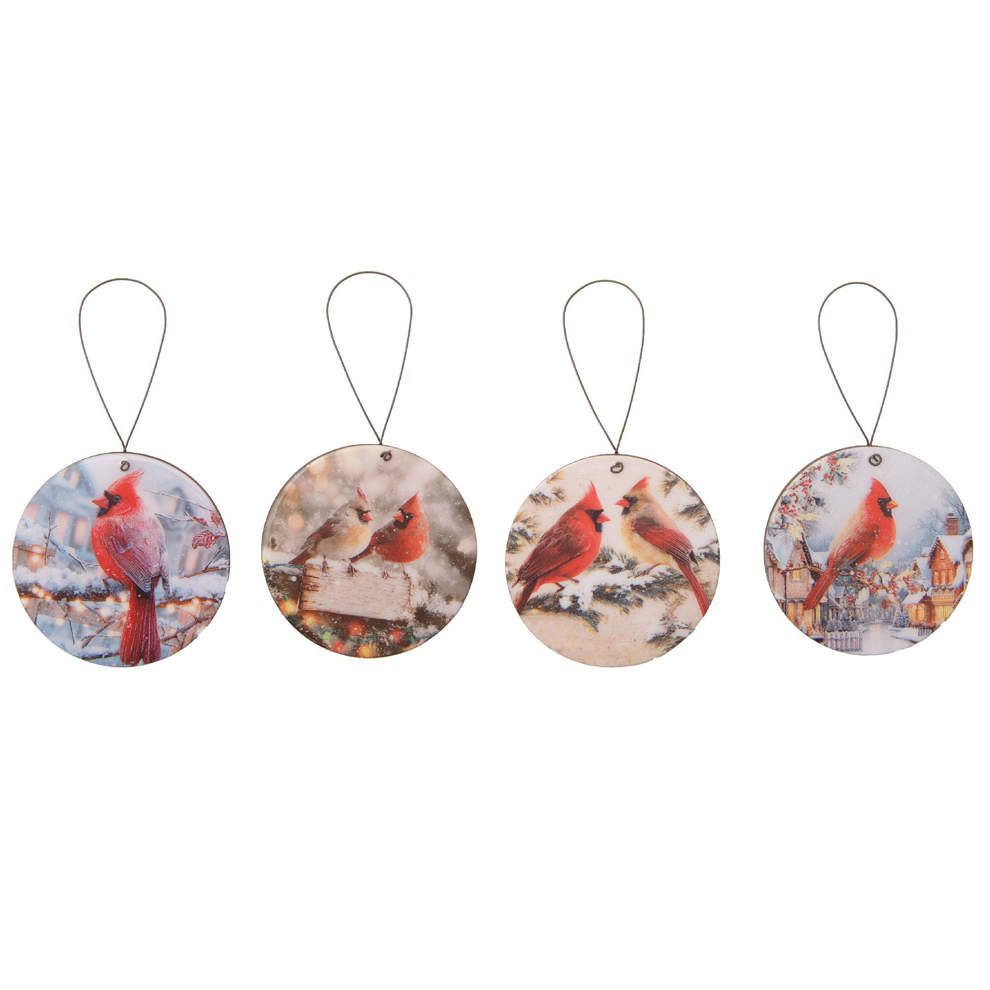 Round Glossy Wooden Ornament Cardinal Assorted, Christmas, Ornament, Holiday Decor- Set of 4