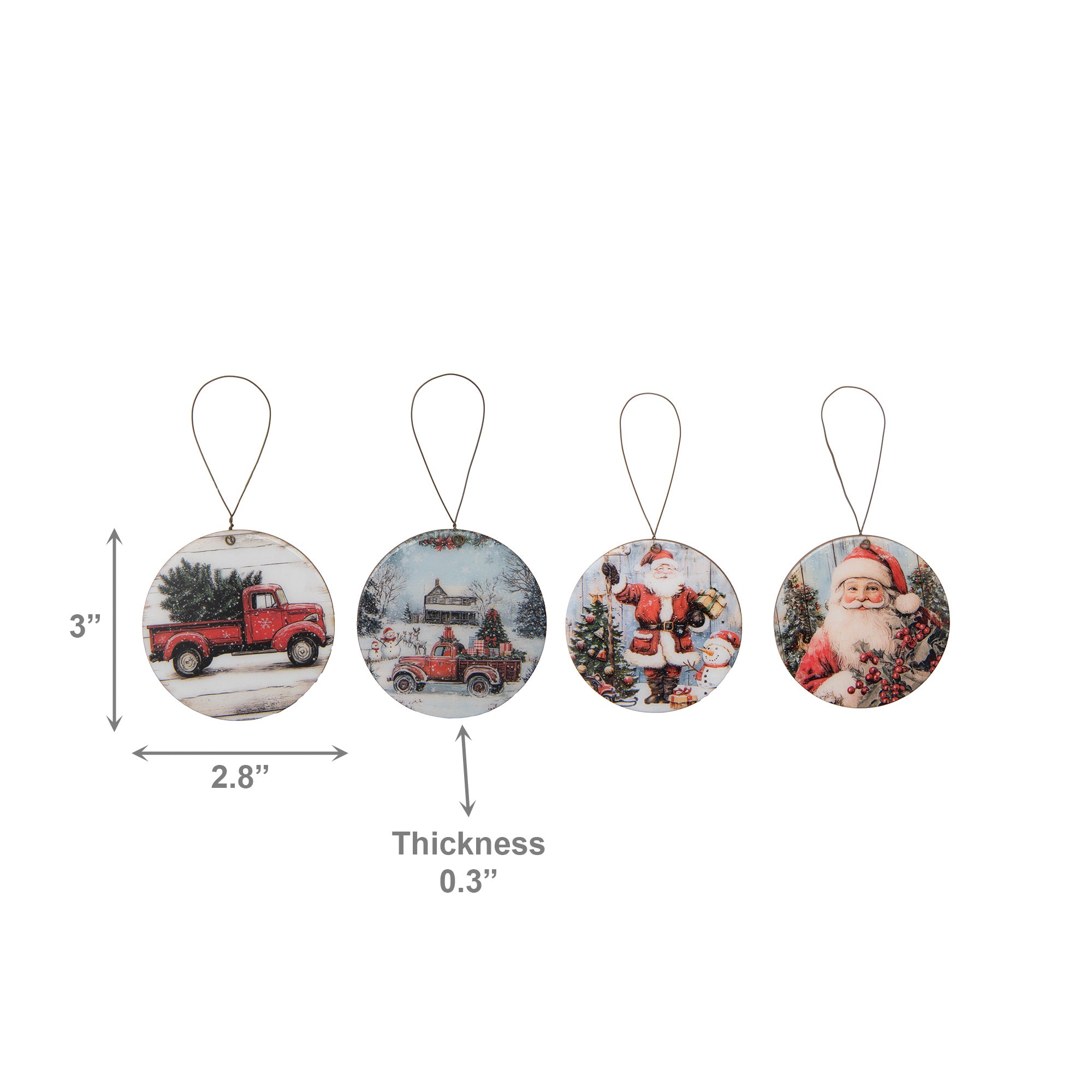 Round Glossy Wooden Ornament Santa Assorted, Christmas, Ornament, Holiday Decor- Set of 4