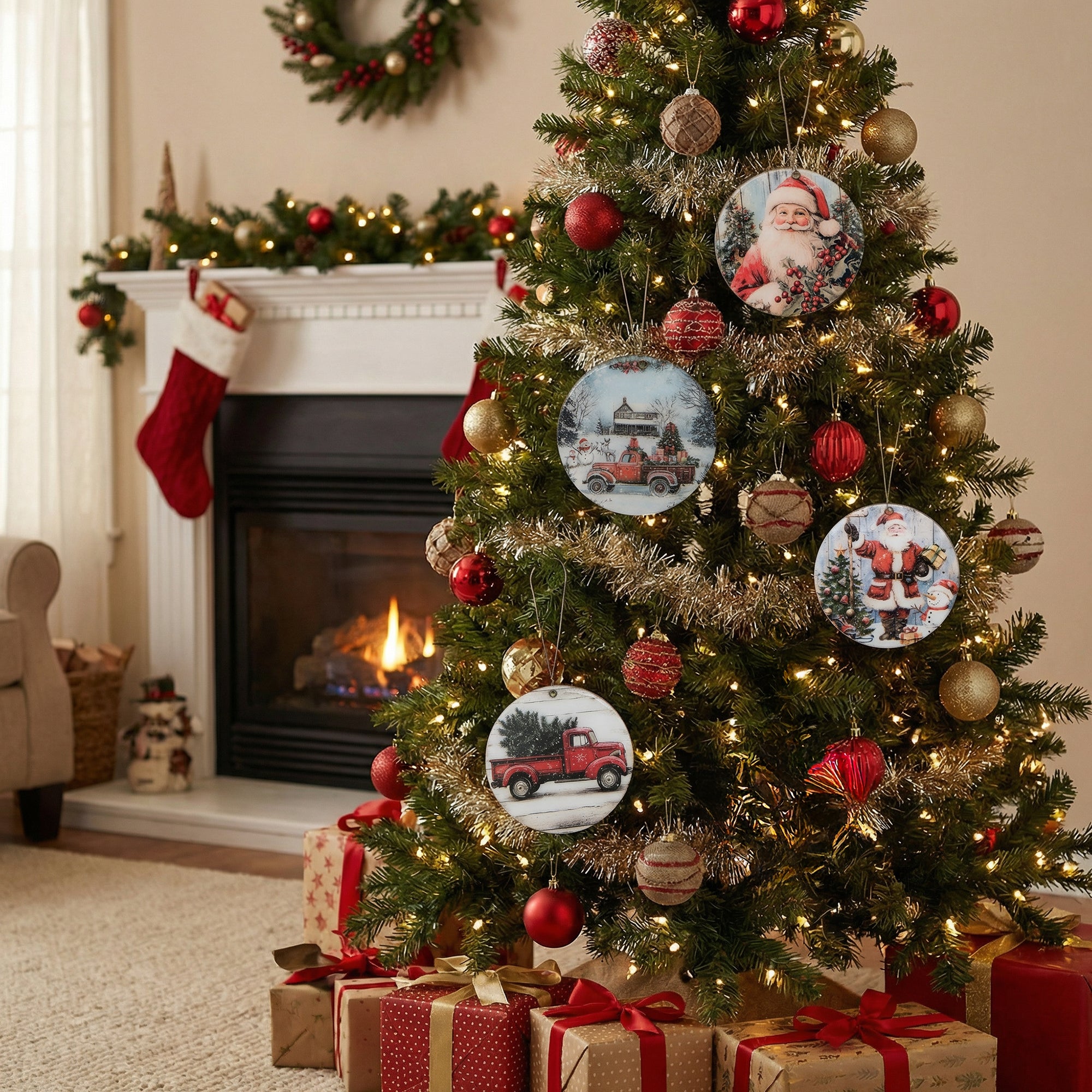 Round Glossy Wooden Ornament Santa Assorted, Christmas, Ornament, Holiday Decor- Set of 4