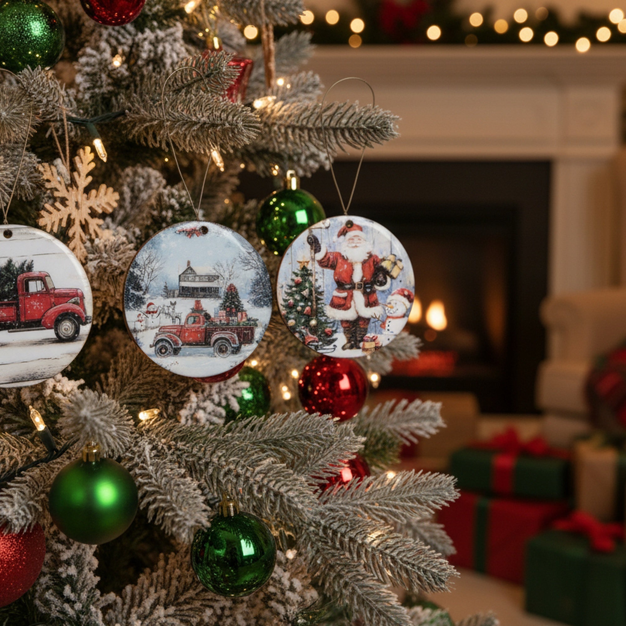 Round Glossy Wooden Ornament Santa Assorted, Christmas, Ornament, Holiday Decor- Set of 4