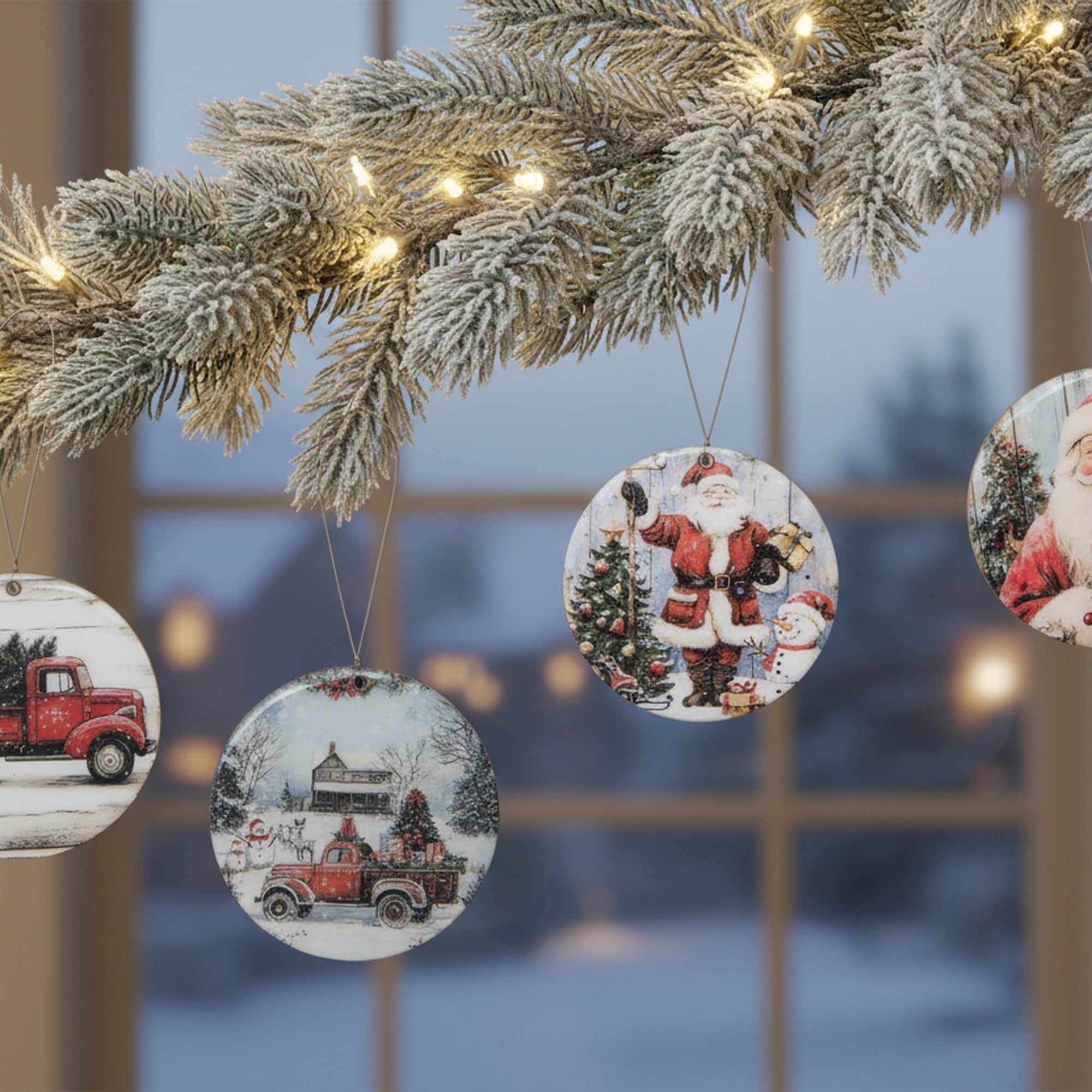 Round Glossy Wooden Ornament Santa Assorted, Christmas, Ornament, Holiday Decor- Set of 4