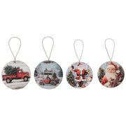 Round Glossy Wooden Ornament Santa Assorted, Christmas, Ornament, Holiday Decor- Set of 4