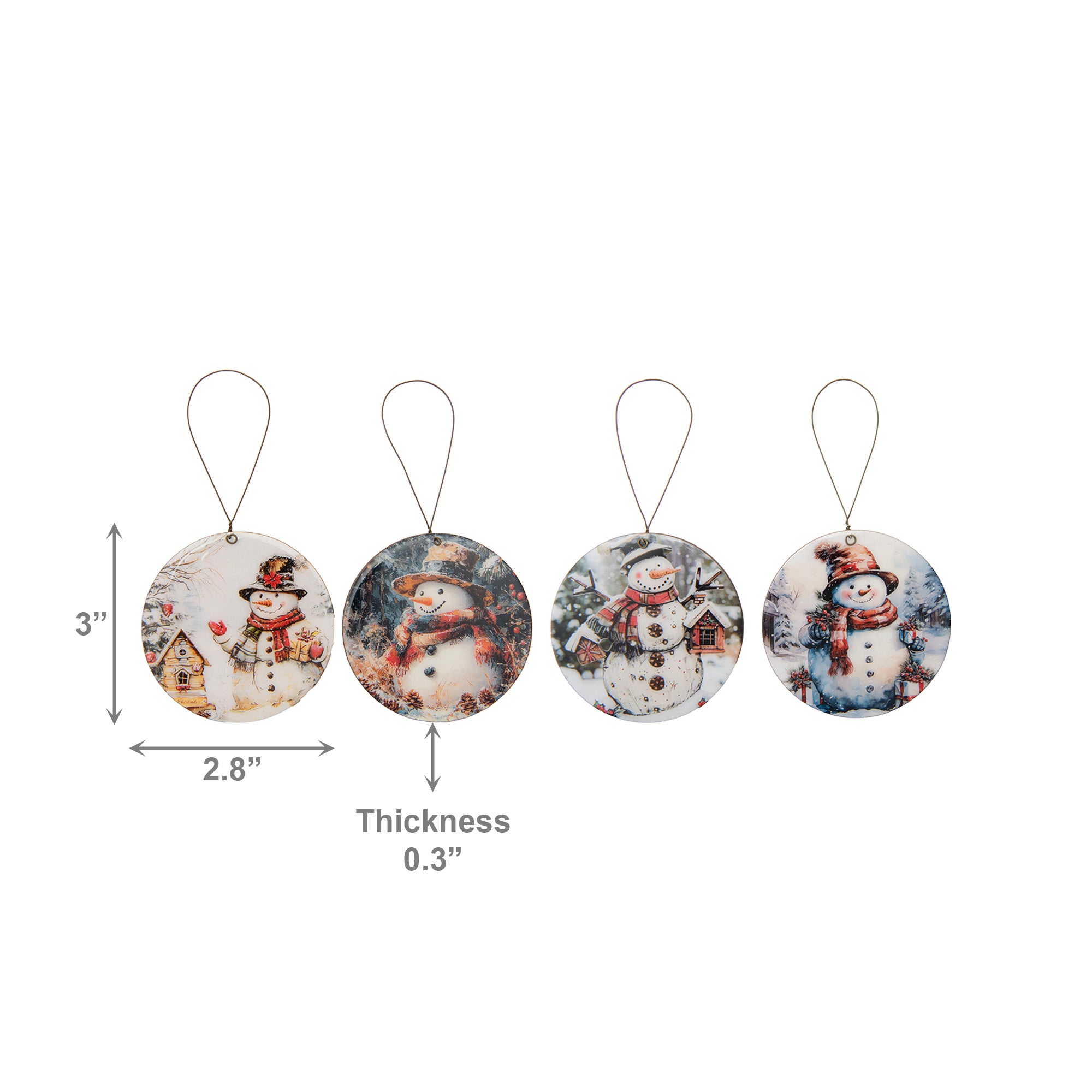 Round Glossy Wooden Ornament Snowman Assorted, Christmas, Ornament, Holiday Decor- Set of 4