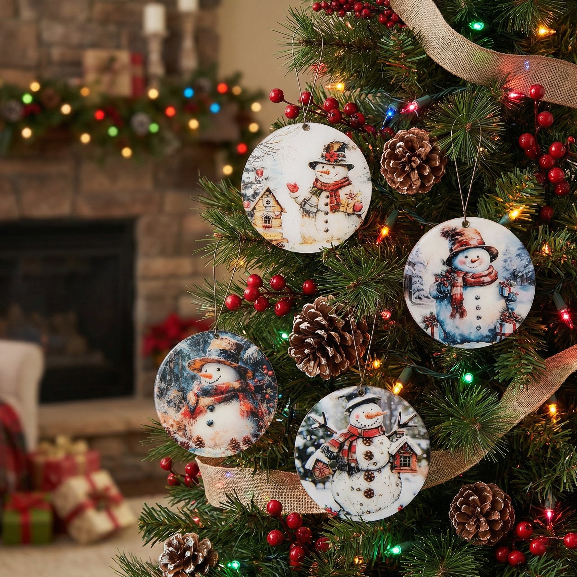 Round Glossy Wooden Ornament Snowman Assorted, Christmas, Ornament, Holiday Decor- Set of 4