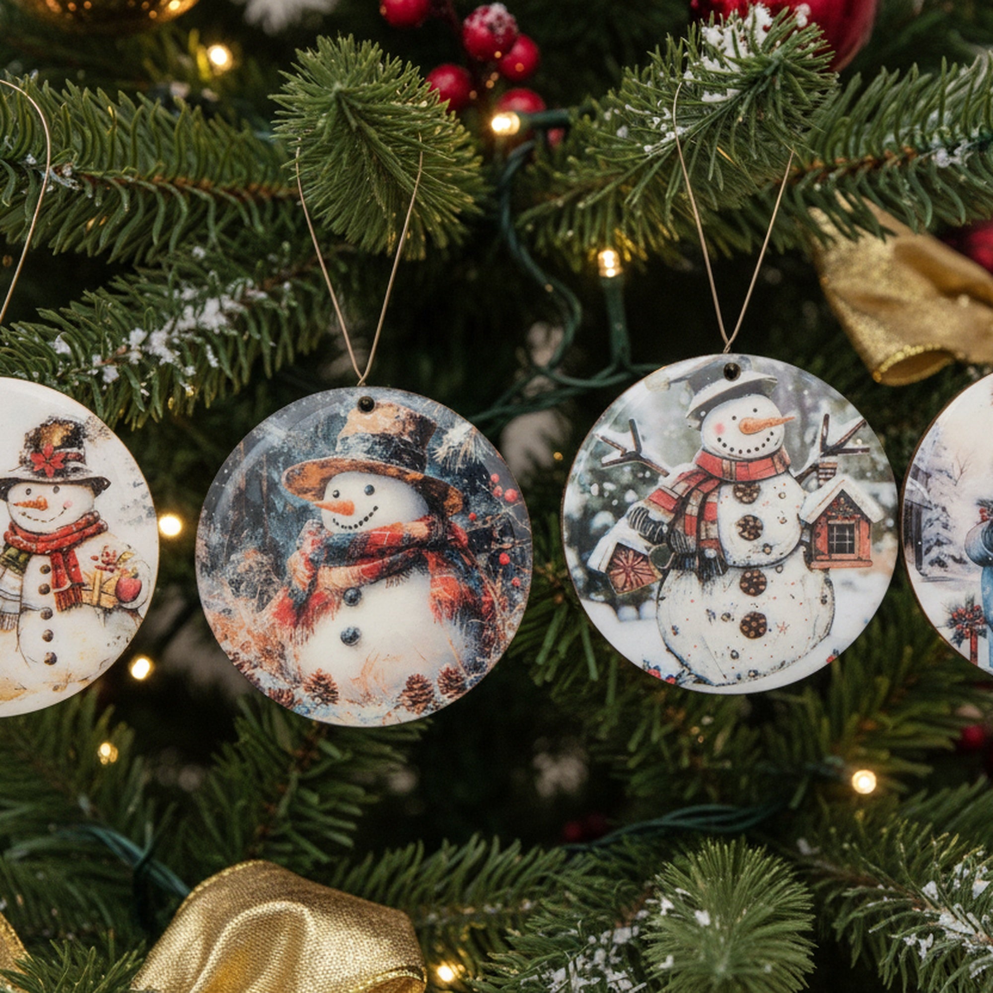 Round Glossy Wooden Ornament Snowman Assorted, Christmas, Ornament, Holiday Decor- Set of 4