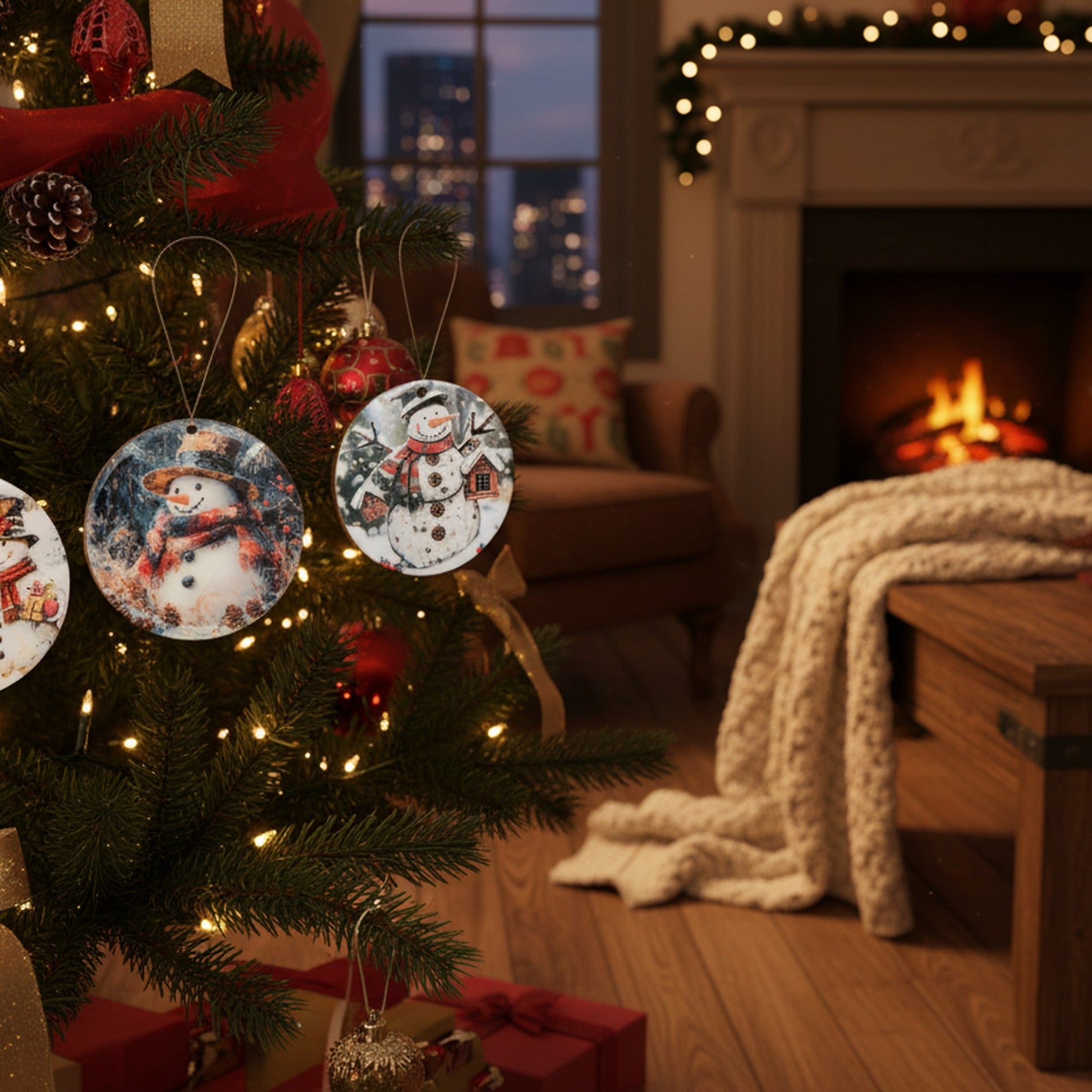 Round Glossy Wooden Ornament Snowman Assorted, Christmas, Ornament, Holiday Decor- Set of 4
