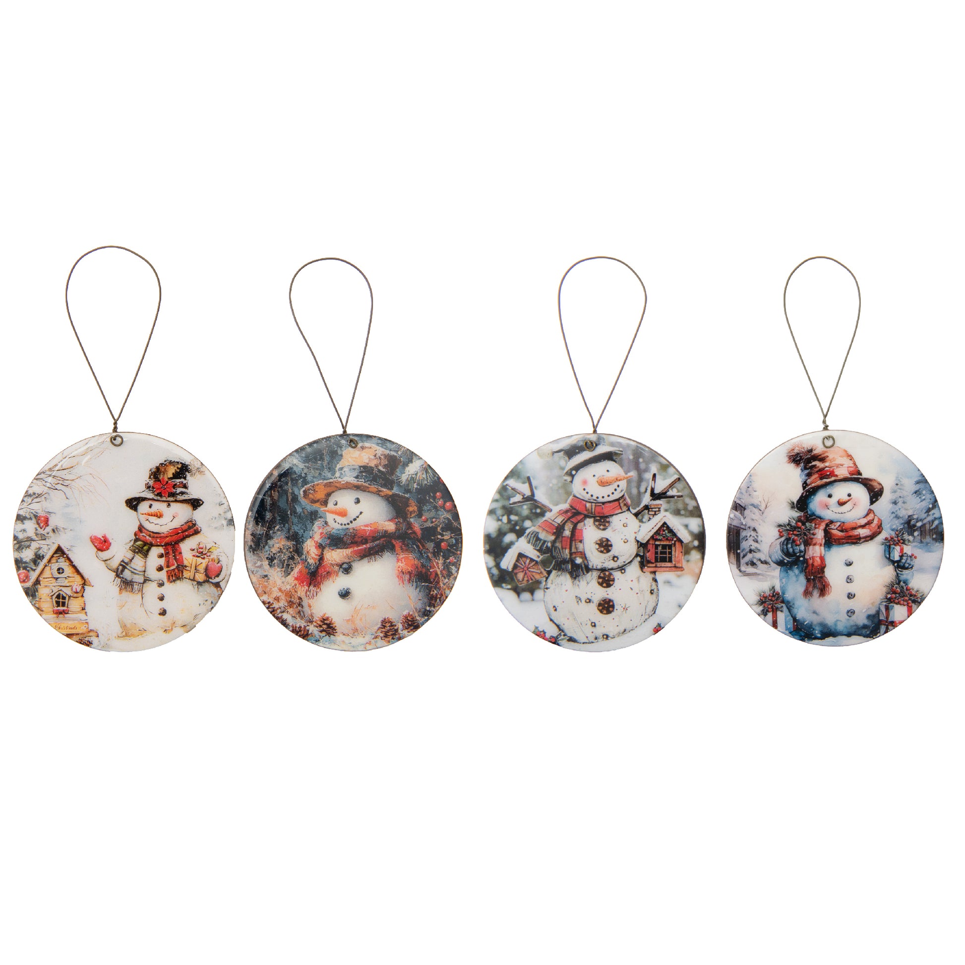 Round Glossy Wooden Ornament Snowman Assorted, Christmas, Ornament, Holiday Decor- Set of 4