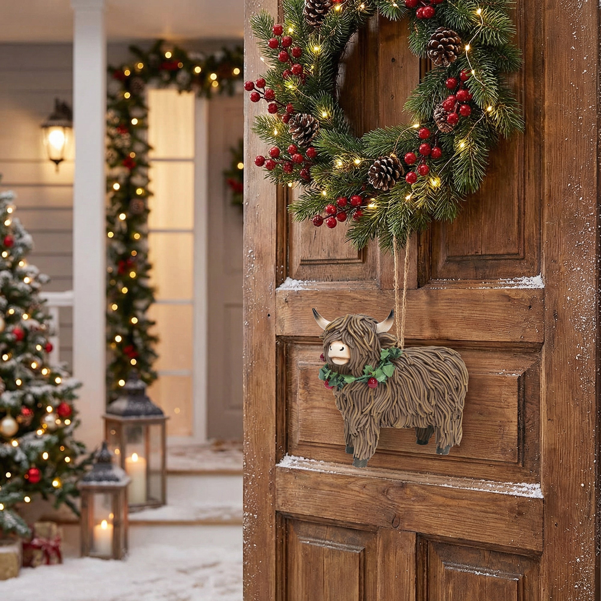Polyresin Standing Highland Cow with Wreath Figurine, Wreath, Holiday Decor