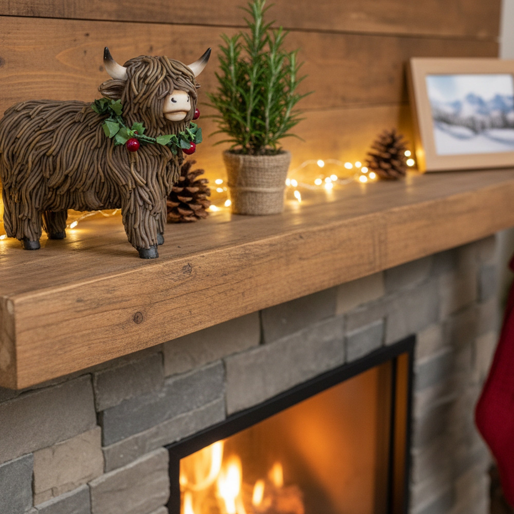 Polyresin Standing Highland Cow with Wreath Figurine, Wreath, Holiday Decor