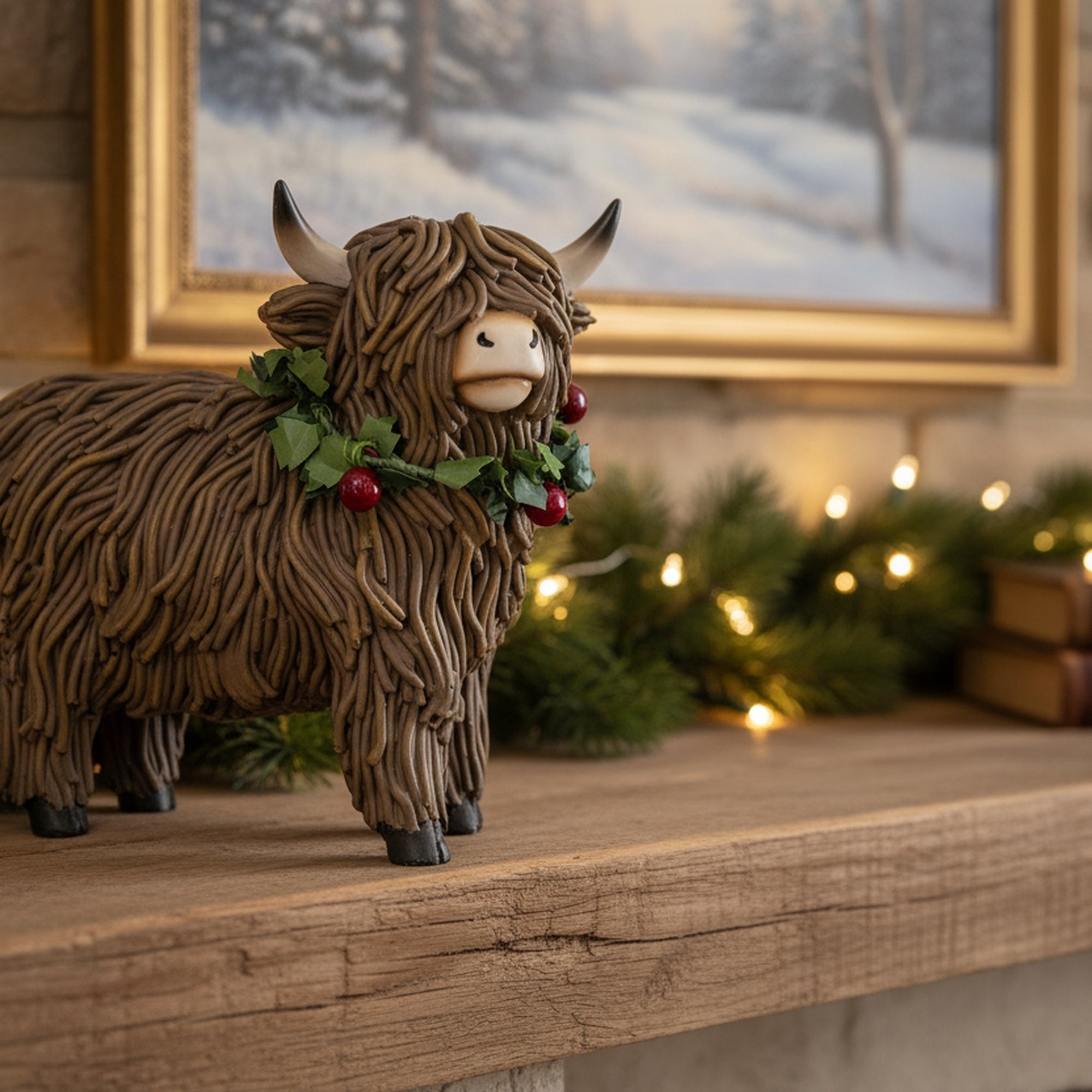 Polyresin Standing Highland Cow with Wreath Figurine, Wreath, Holiday Decor
