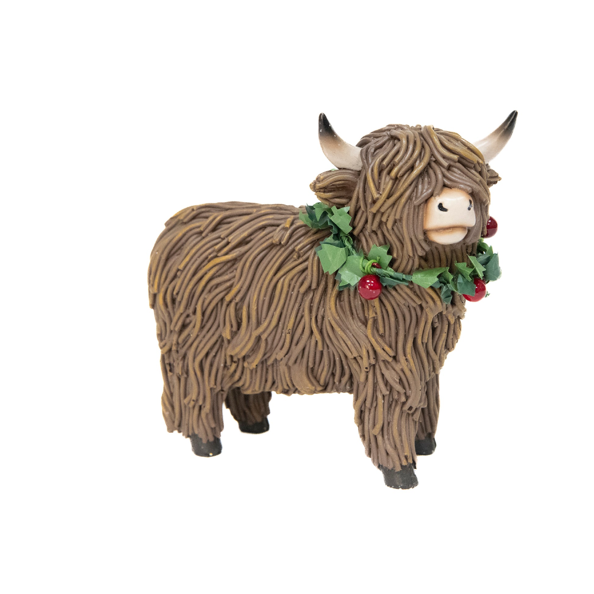 Polyresin Standing Highland Cow with Wreath Figurine, Wreath, Holiday Decor