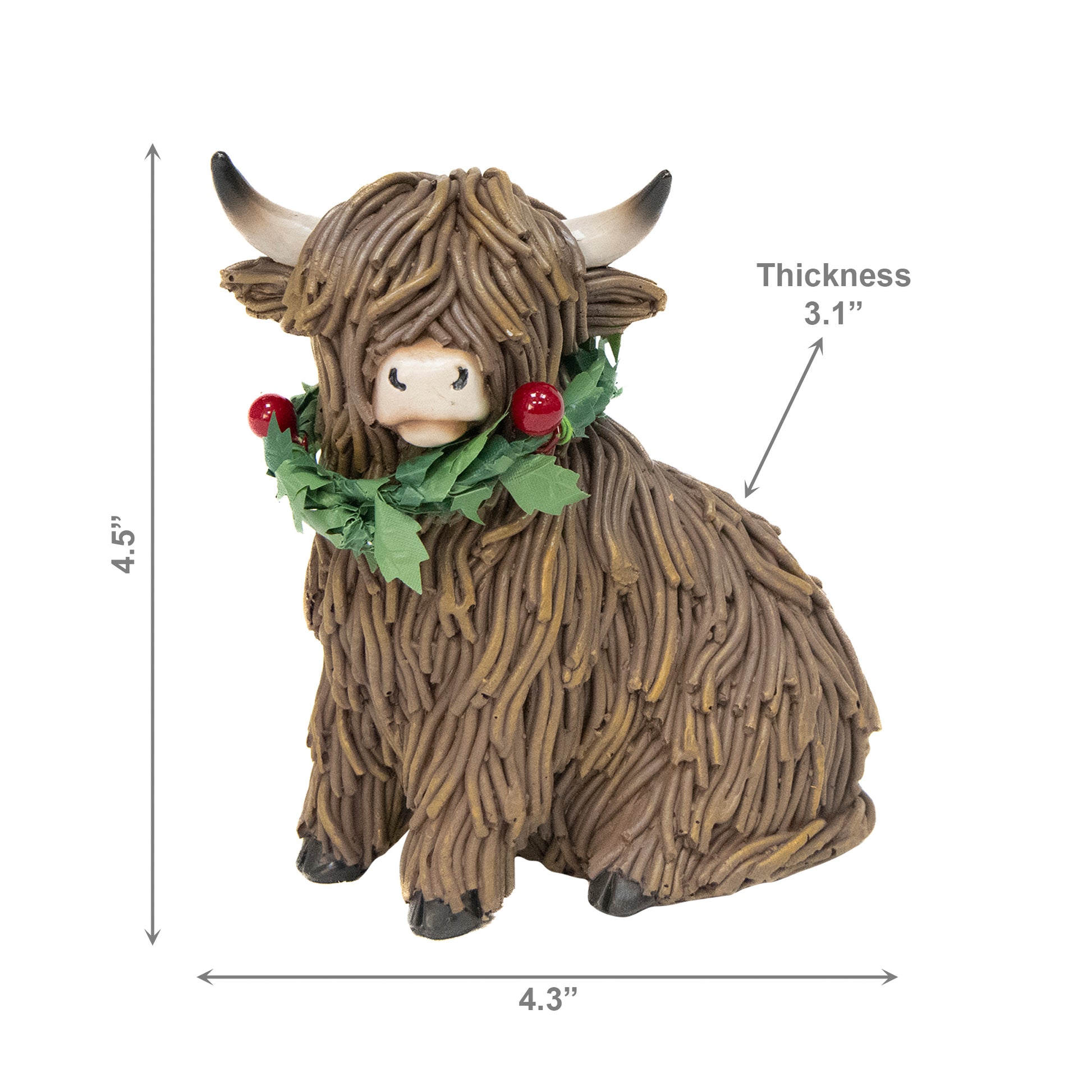 Polyresin Sitting Highland Cow with Wreath Figurine, Wreath, Holiday Decor