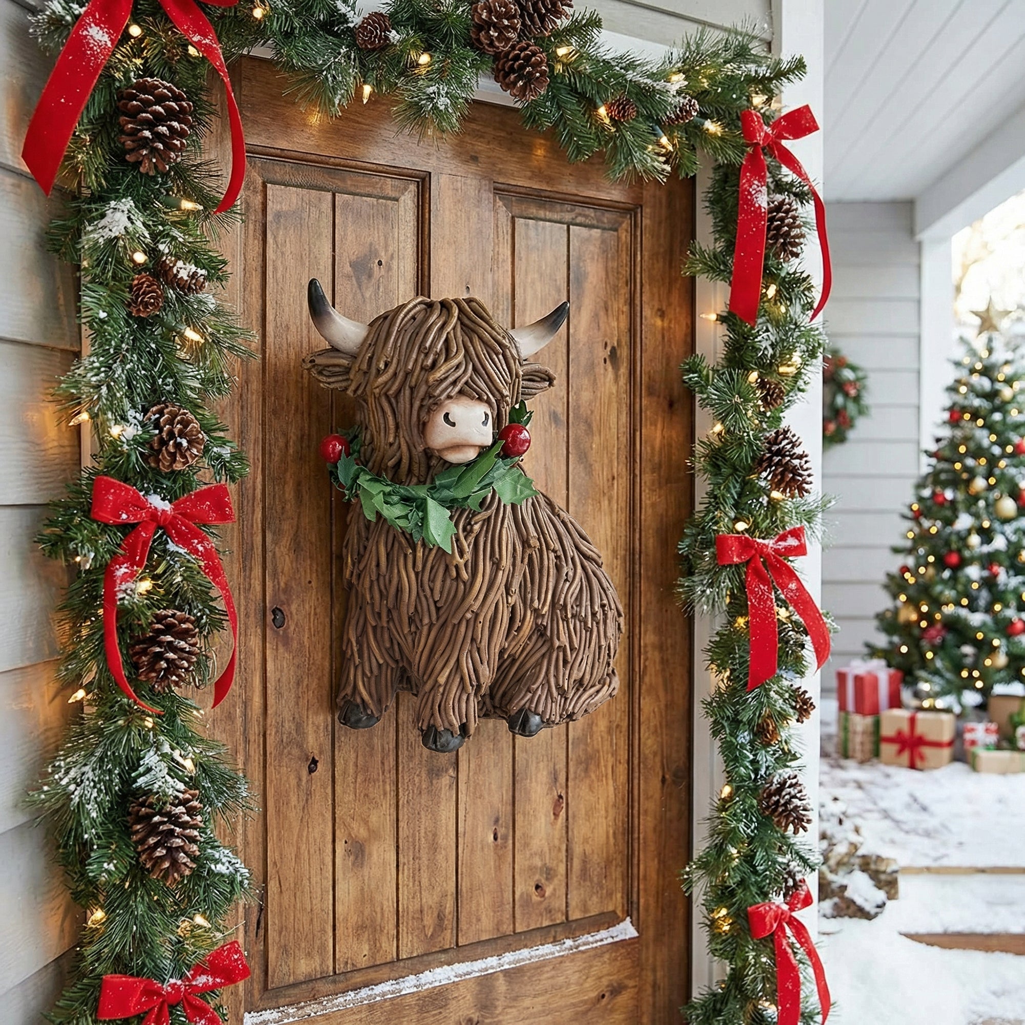Polyresin Sitting Highland Cow with Wreath Figurine, Wreath, Holiday Decor