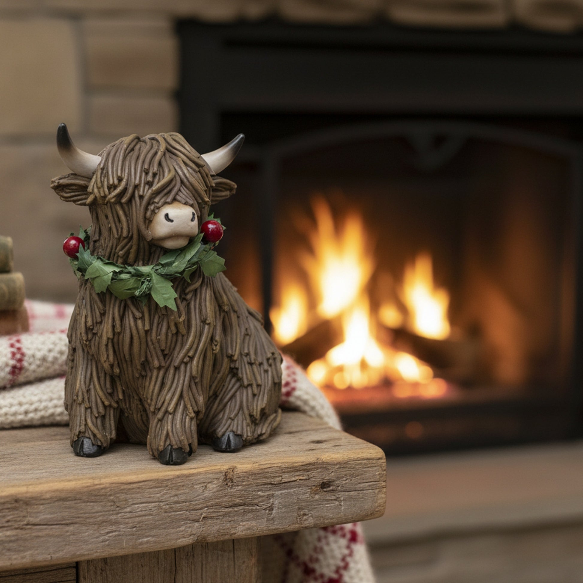 Polyresin Sitting Highland Cow with Wreath Figurine, Wreath, Holiday Decor