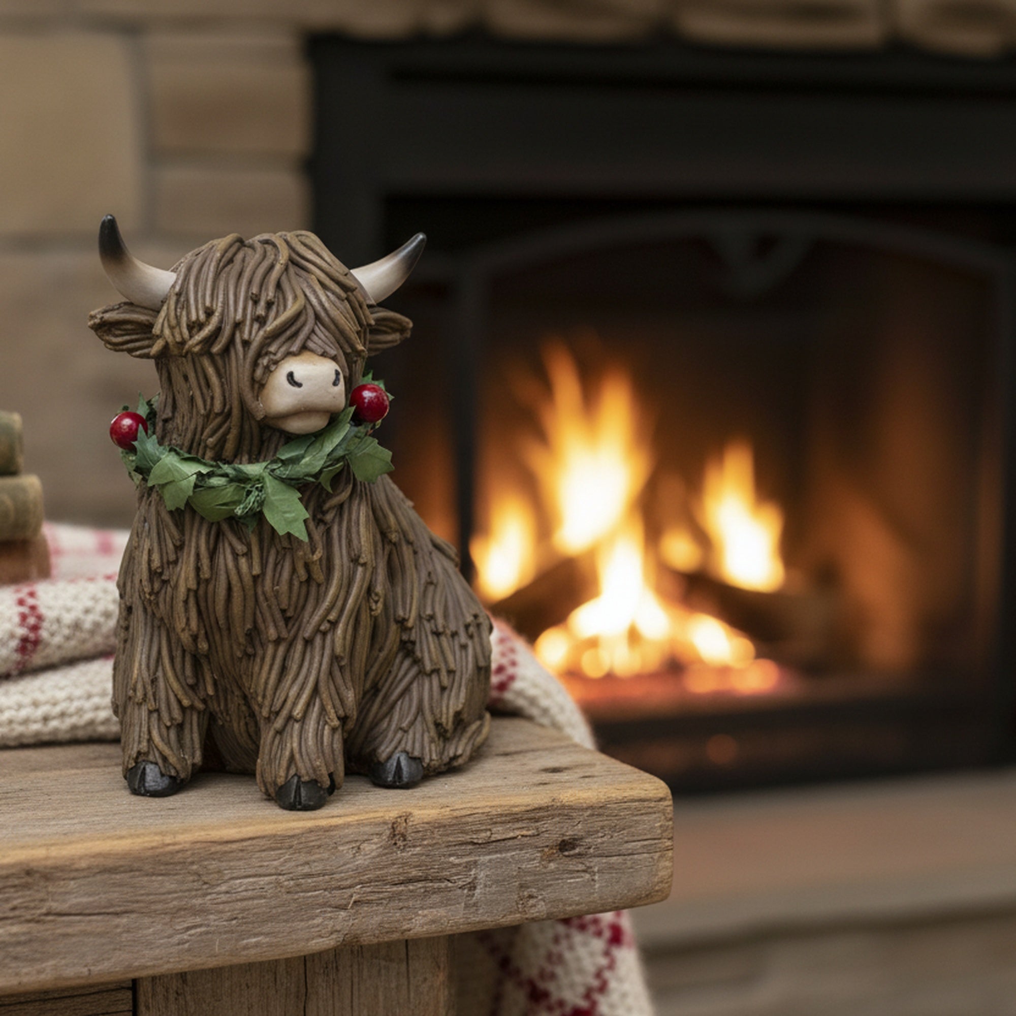 Polyresin Sitting Highland Cow with Wreath Figurine, Wreath, Holiday Decor