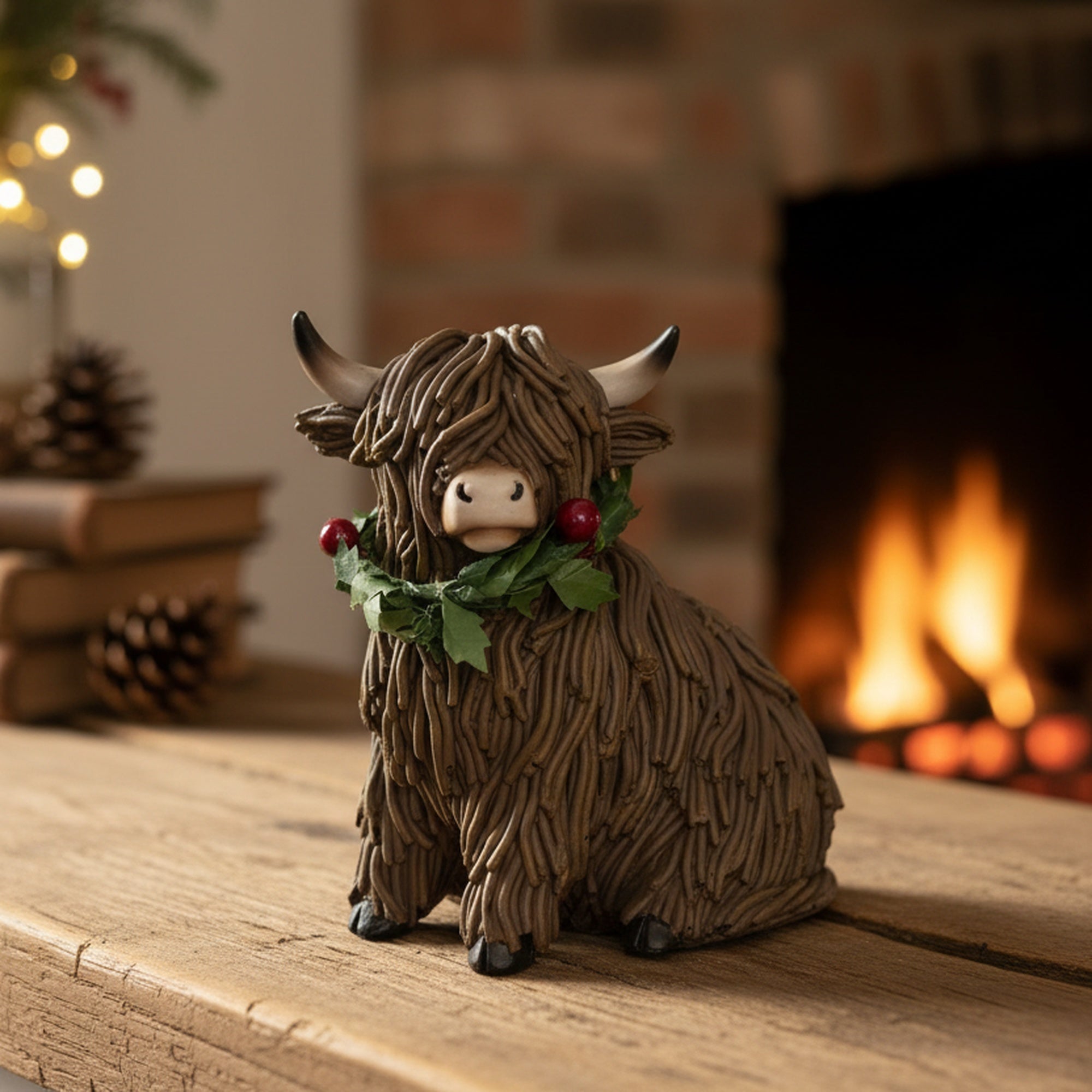 Polyresin Sitting Highland Cow with Wreath Figurine, Wreath, Holiday Decor