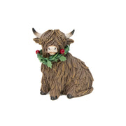 Polyresin Sitting Highland Cow with Wreath Figurine, Wreath, Holiday Decor