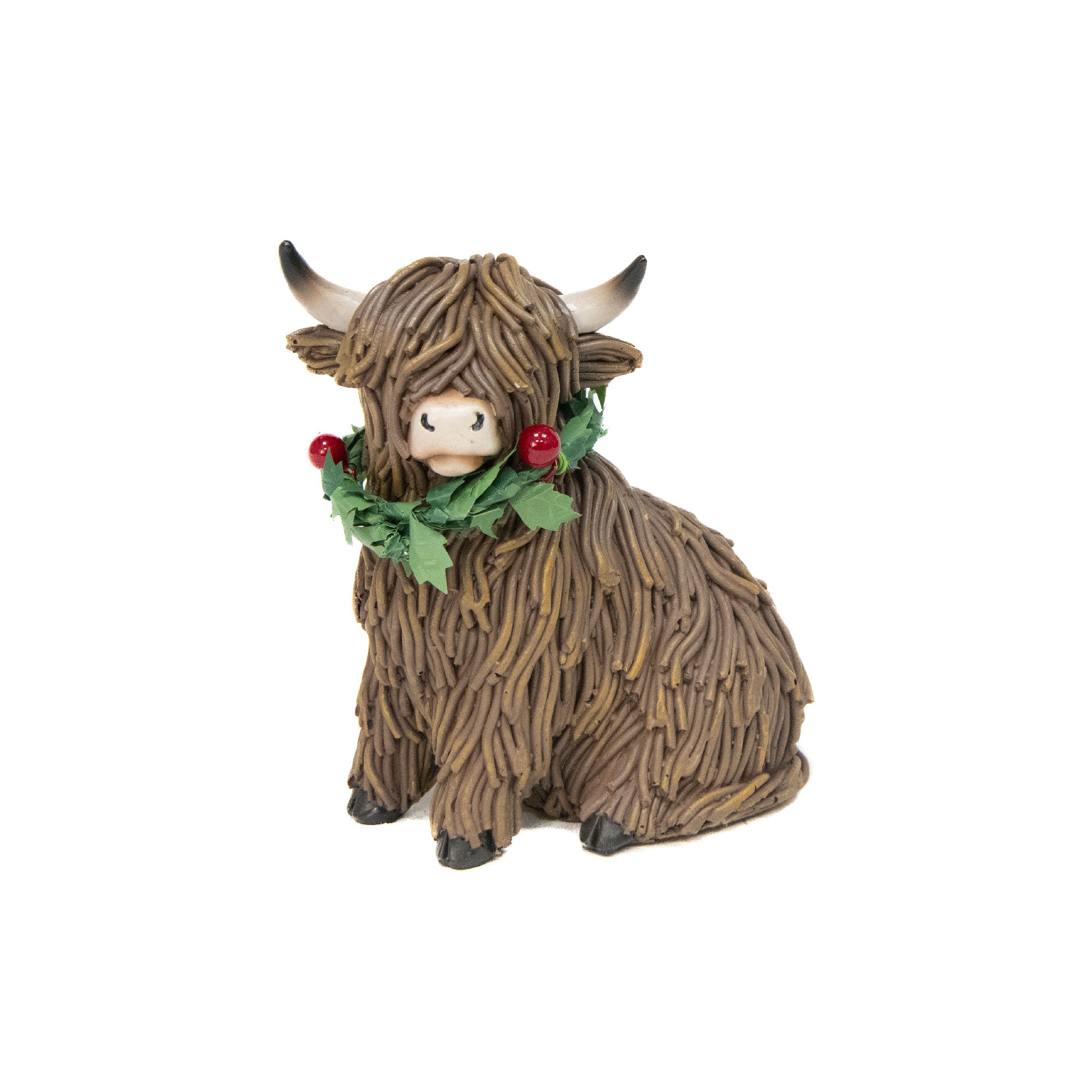 Polyresin Sitting Highland Cow with Wreath Figurine, Wreath, Holiday Decor