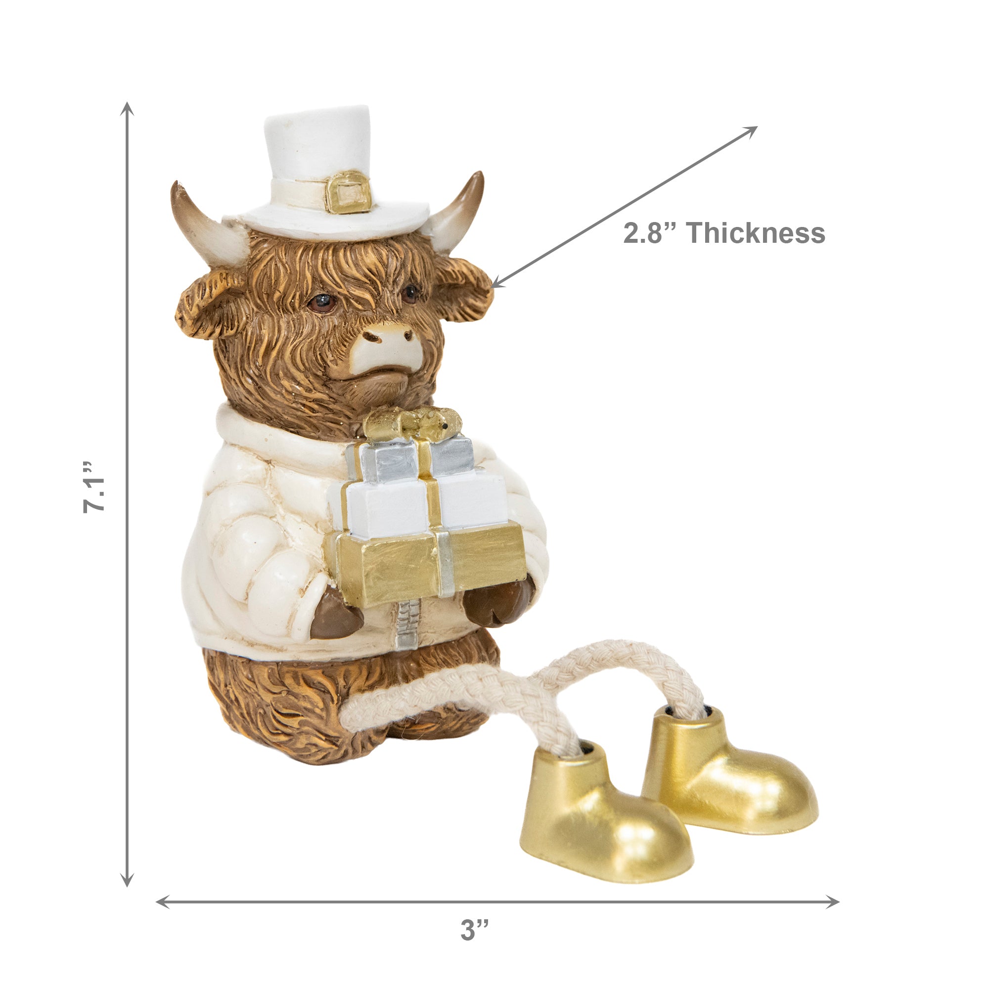 Polyresin Highland Cow Holding Present Shelf Sitter, Holiday Decor
