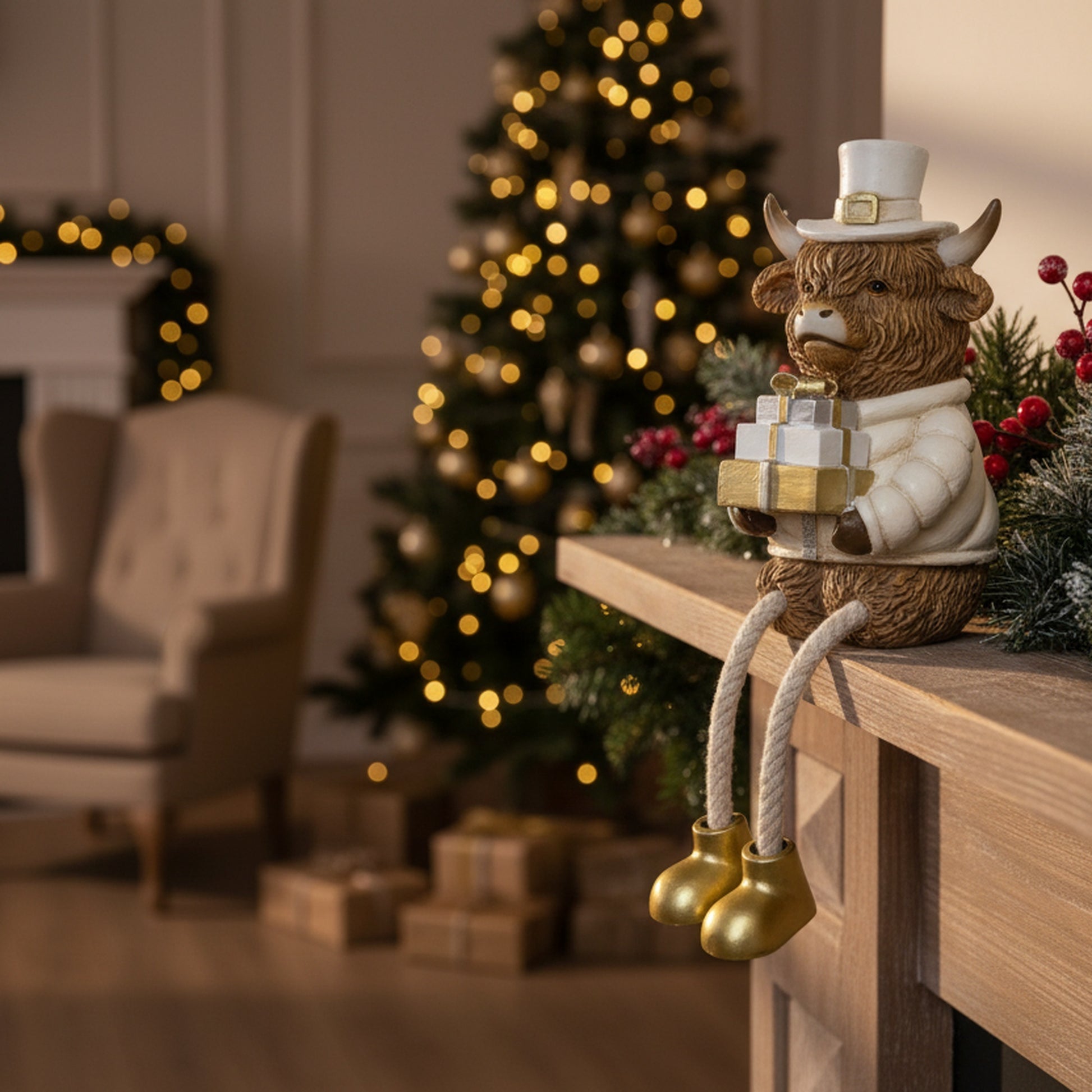 Polyresin Highland Cow Holding Present Shelf Sitter, Holiday Decor