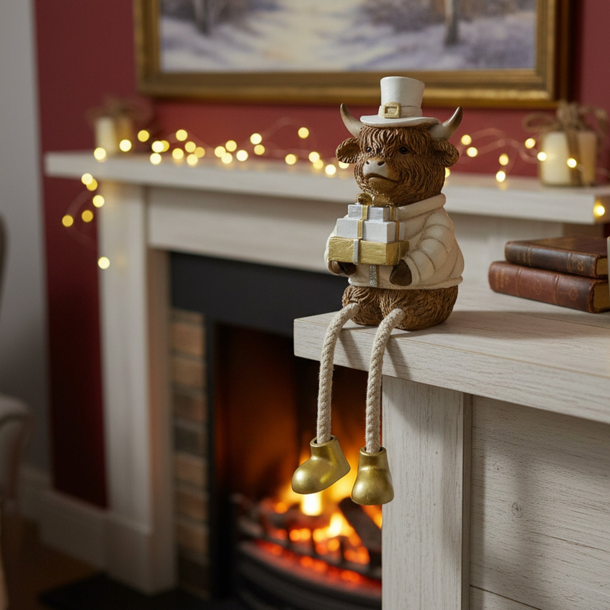 Polyresin Highland Cow Holding Present Shelf Sitter, Holiday Decor
