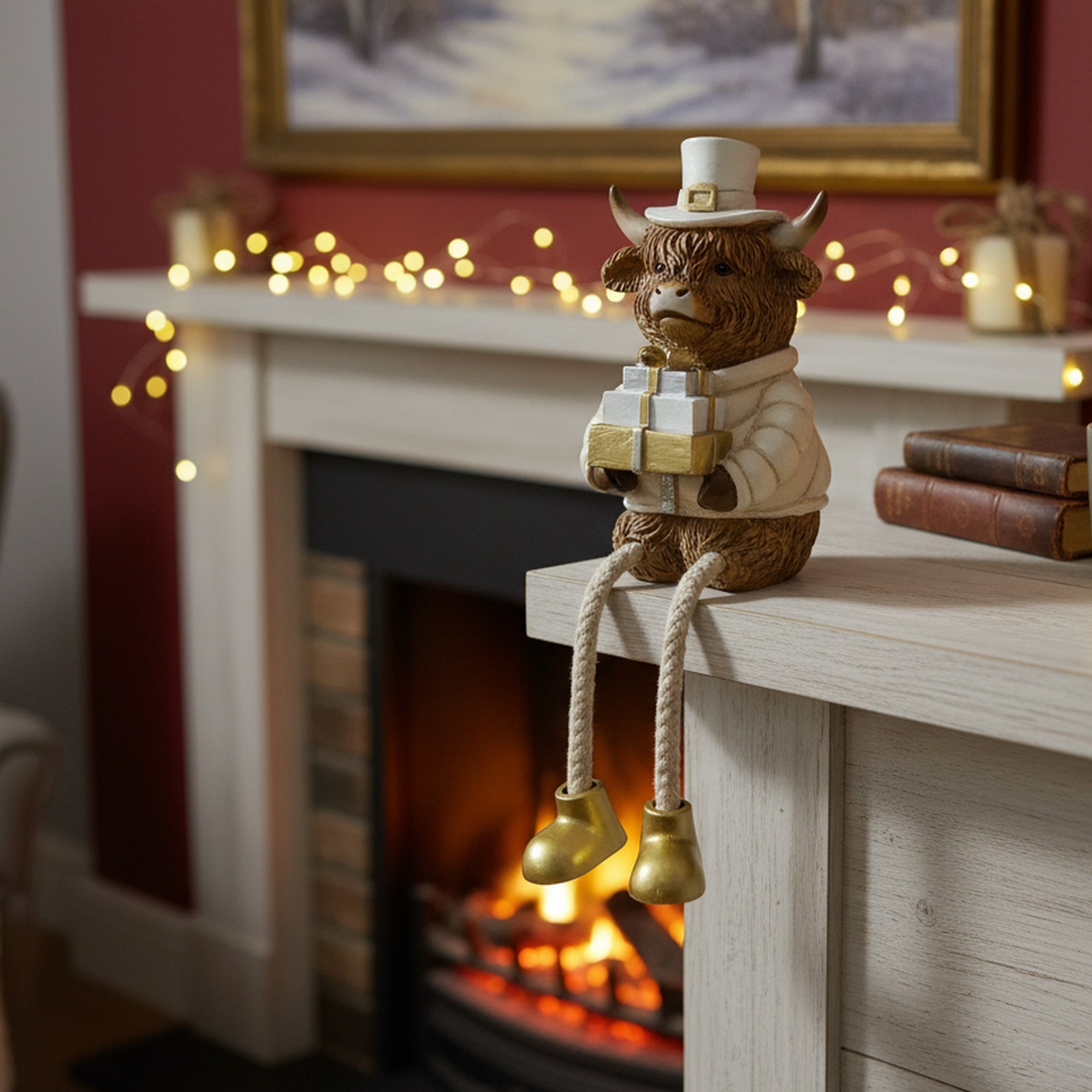 Polyresin Highland Cow Holding Present Shelf Sitter, Holiday Decor