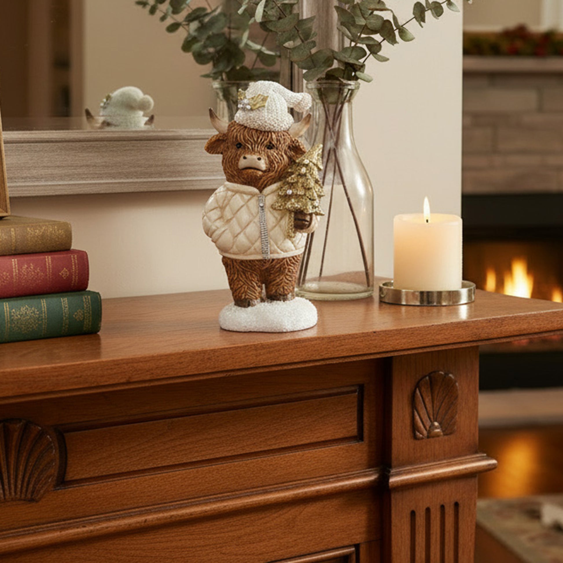 Polyresin Highland Cow Holding Tree Figurine, Figurine, Holiday Decor