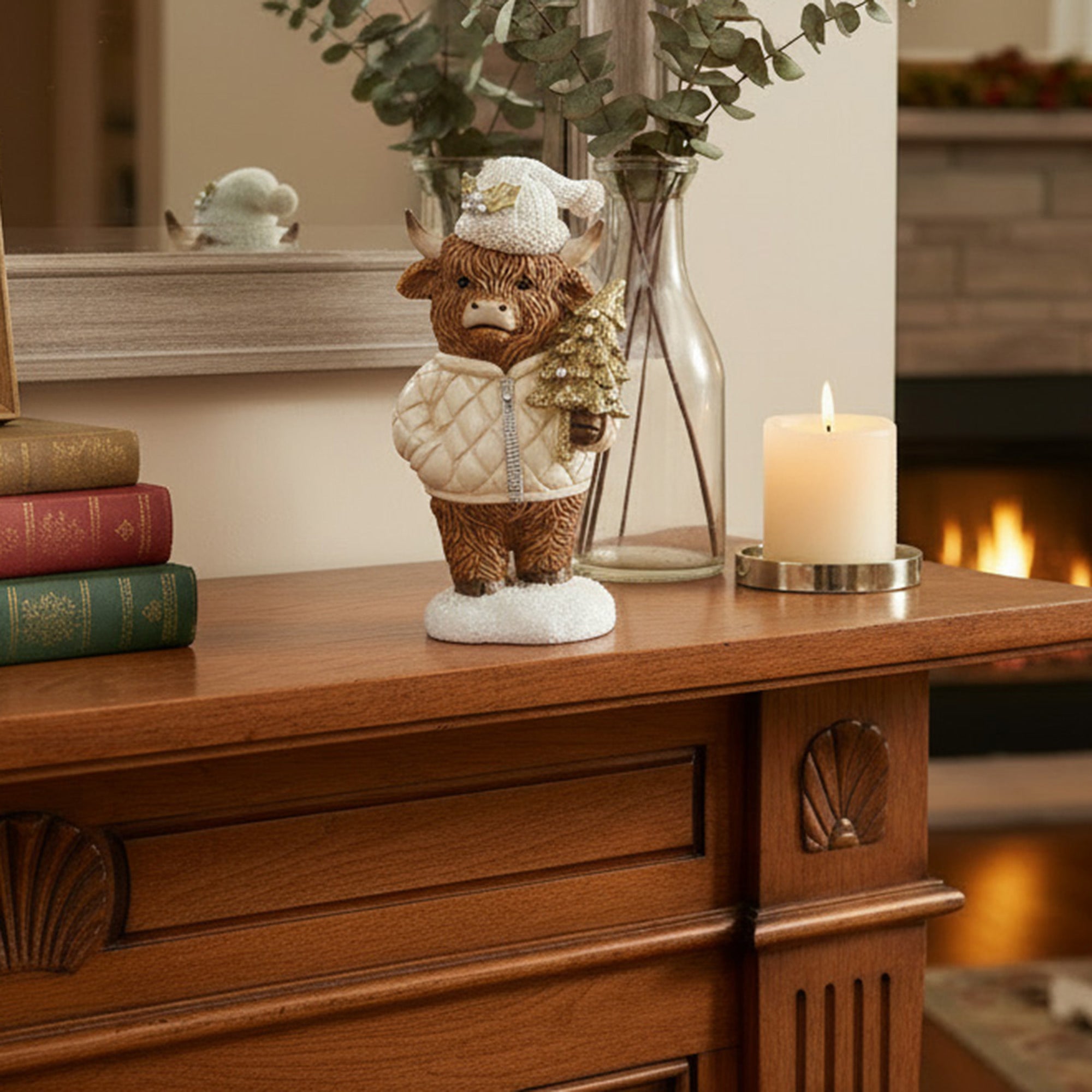 Polyresin Highland Cow Holding Tree Figurine, Figurine, Holiday Decor