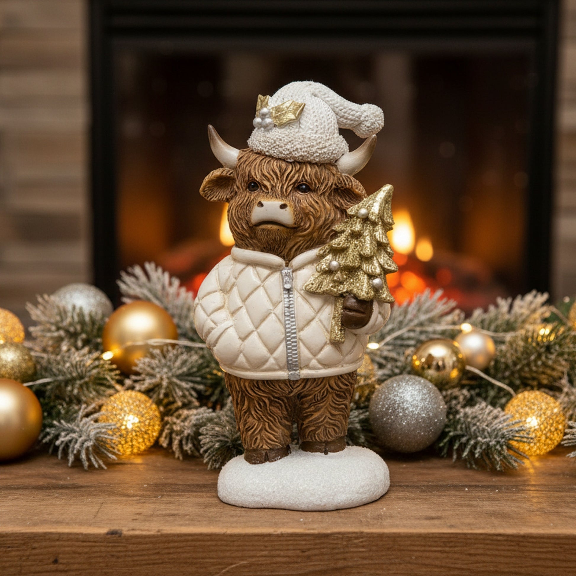 Polyresin Highland Cow Holding Tree Figurine, Figurine, Holiday Decor