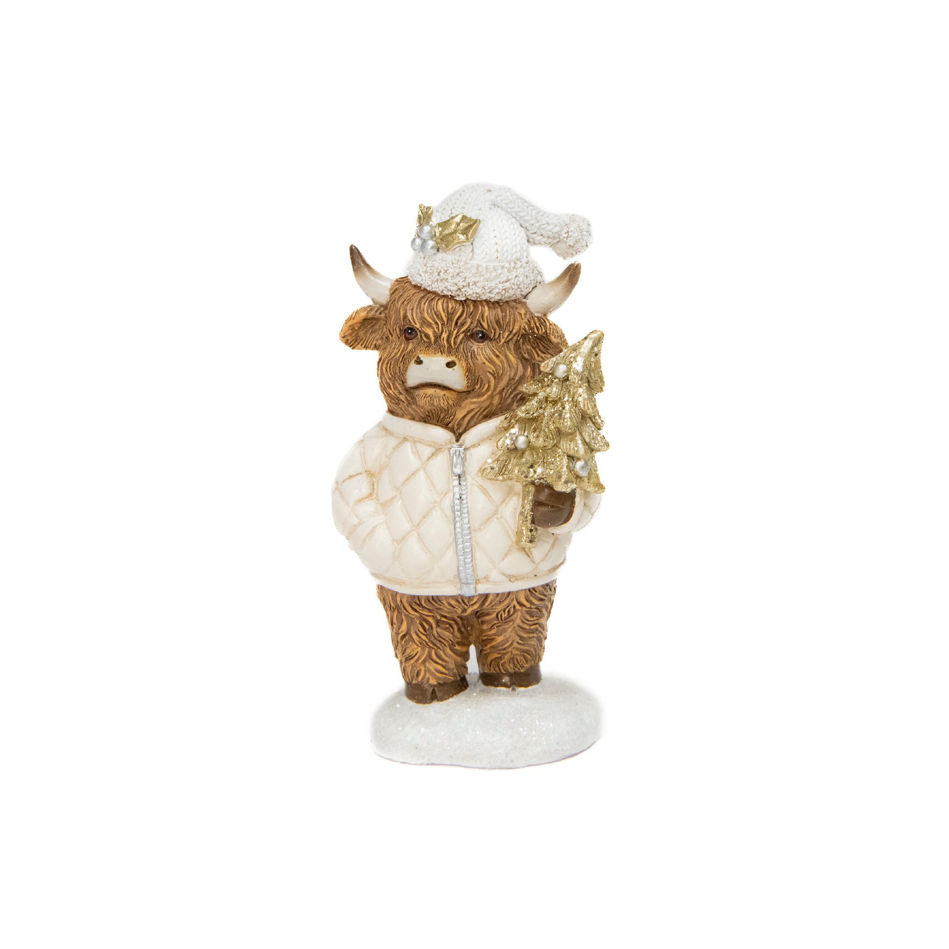 Polyresin Highland Cow Holding Tree Figurine, Figurine, Holiday Decor