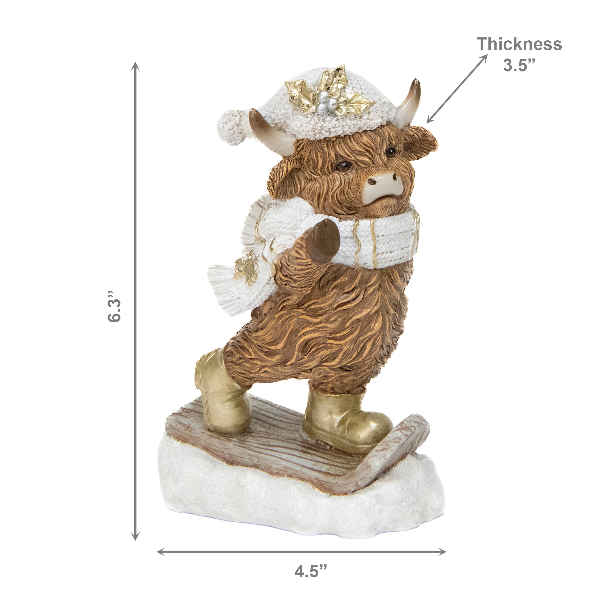 Polyresin Highland Cow on Snowboard Figurine, Winter, Figurine, Holiday Decor