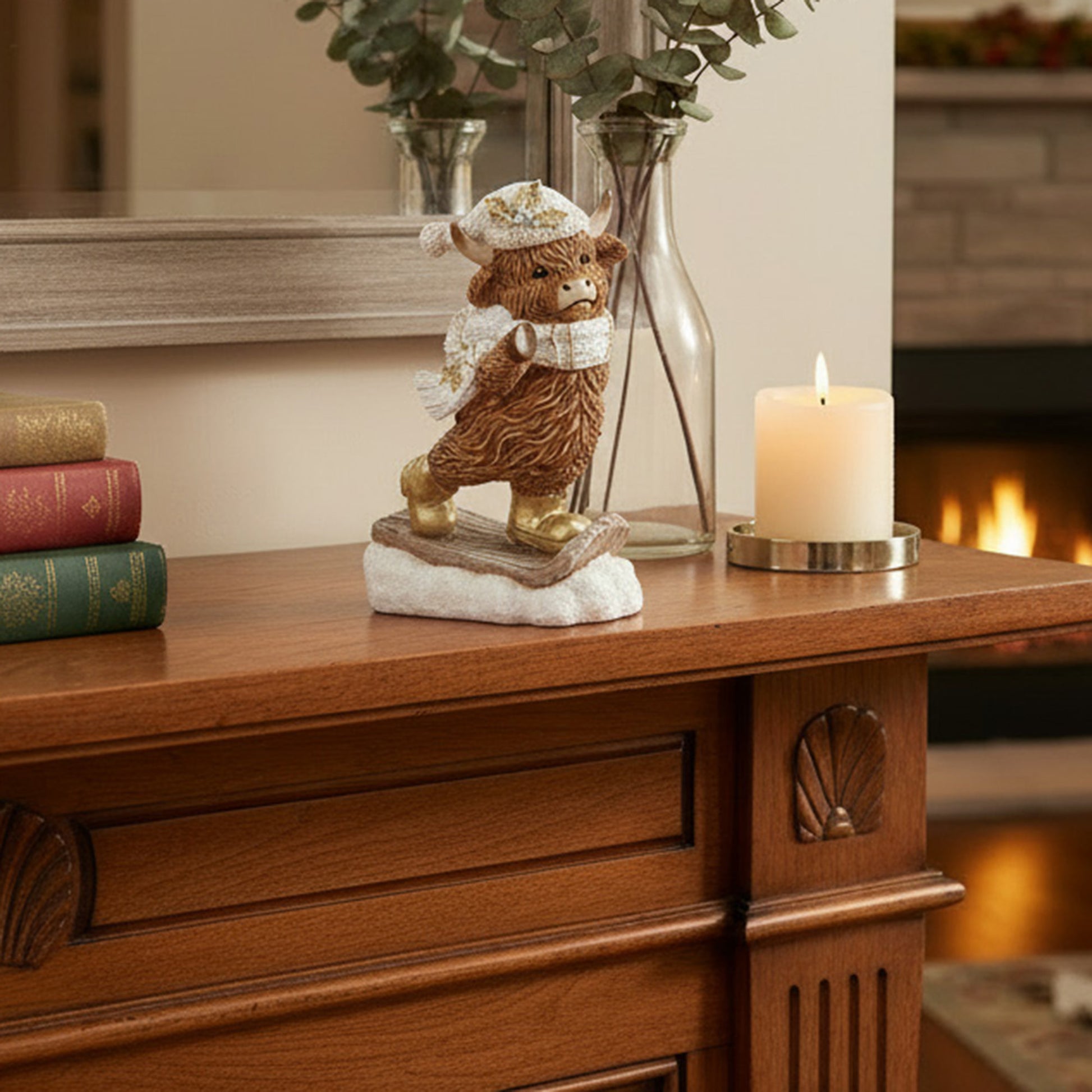 Polyresin Highland Cow on Snowboard Figurine, Winter, Figurine, Holiday Decor