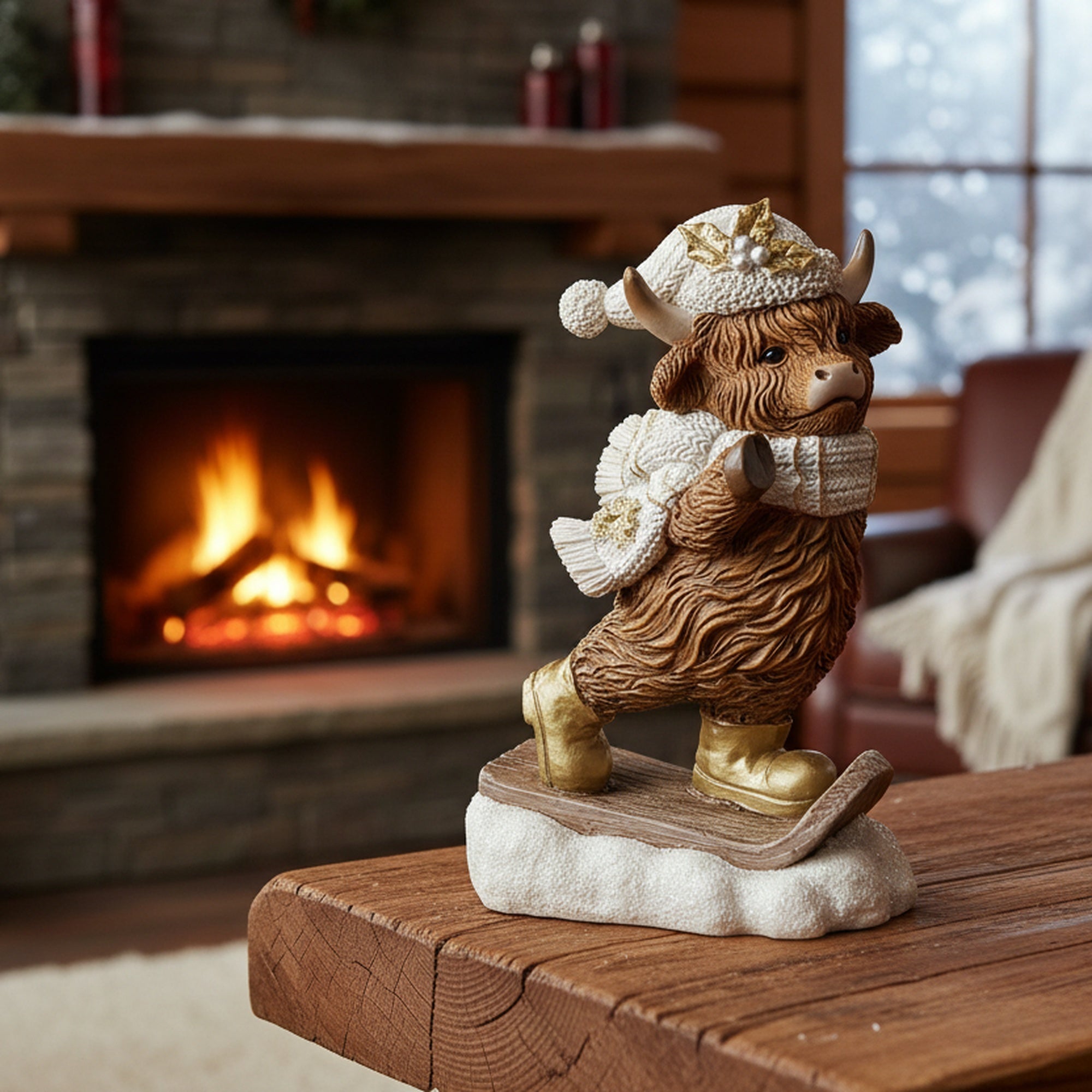 Polyresin Highland Cow on Snowboard Figurine, Winter, Figurine, Holiday Decor