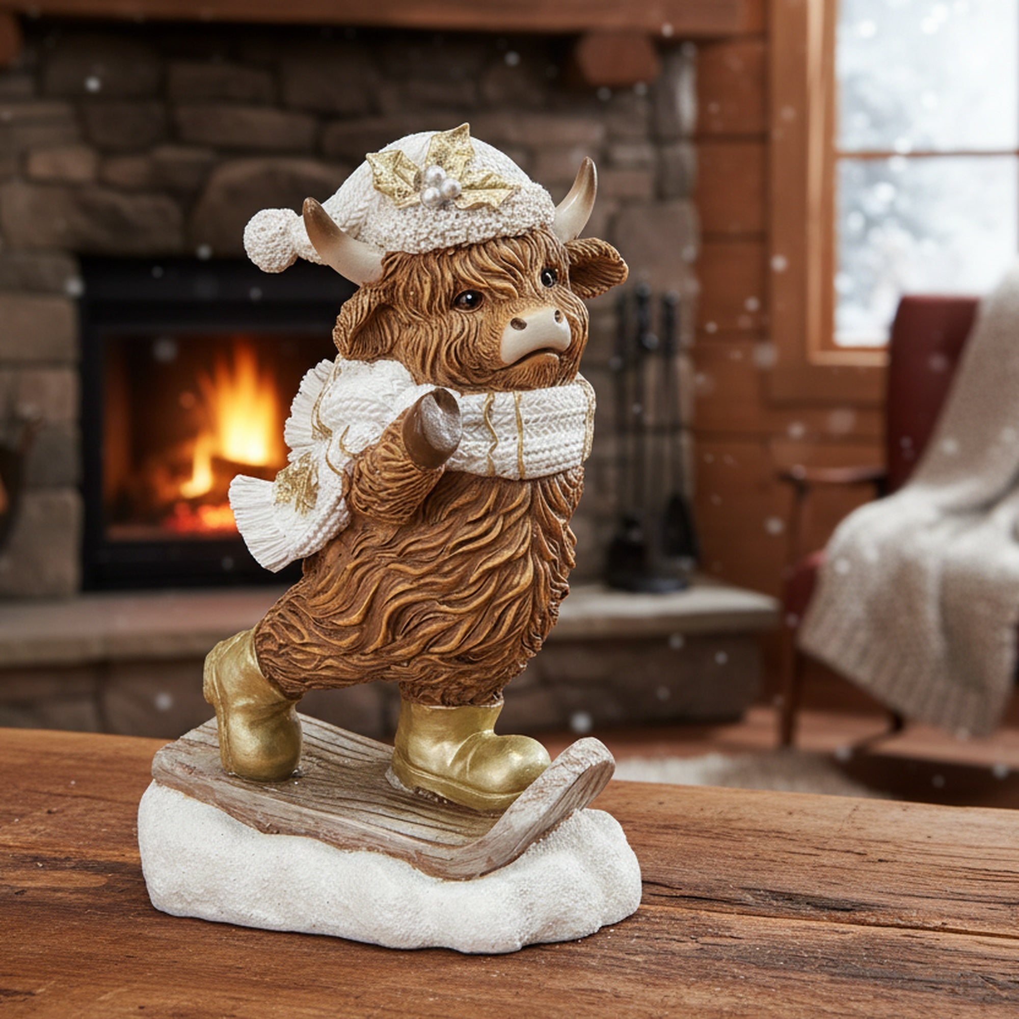 Polyresin Highland Cow on Snowboard Figurine, Winter, Figurine, Holiday Decor