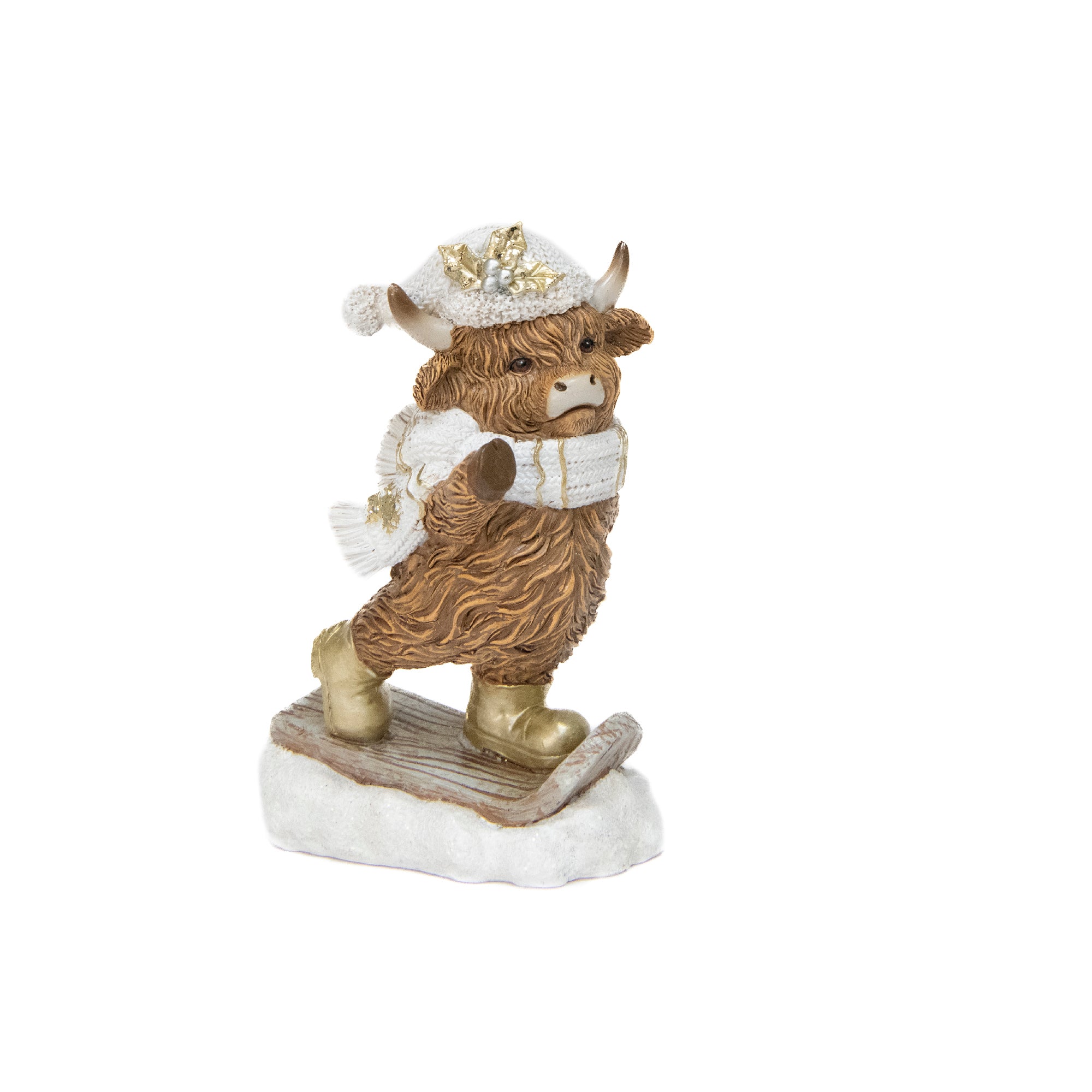 Polyresin Highland Cow on Snowboard Figurine, Winter, Figurine, Holiday Decor
