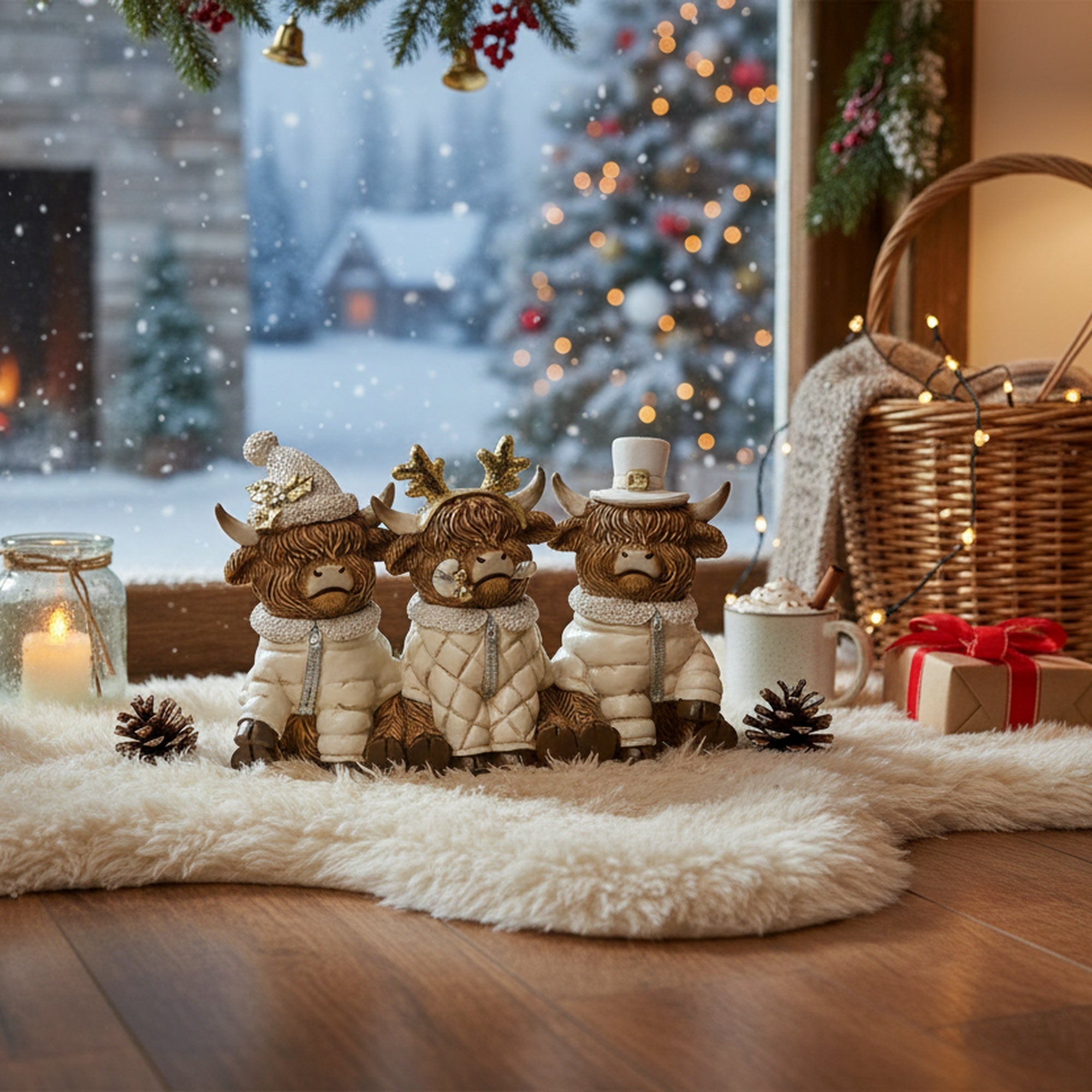 Polyresin Triple Highland Cow Figurine, Figurine, Holiday Decor