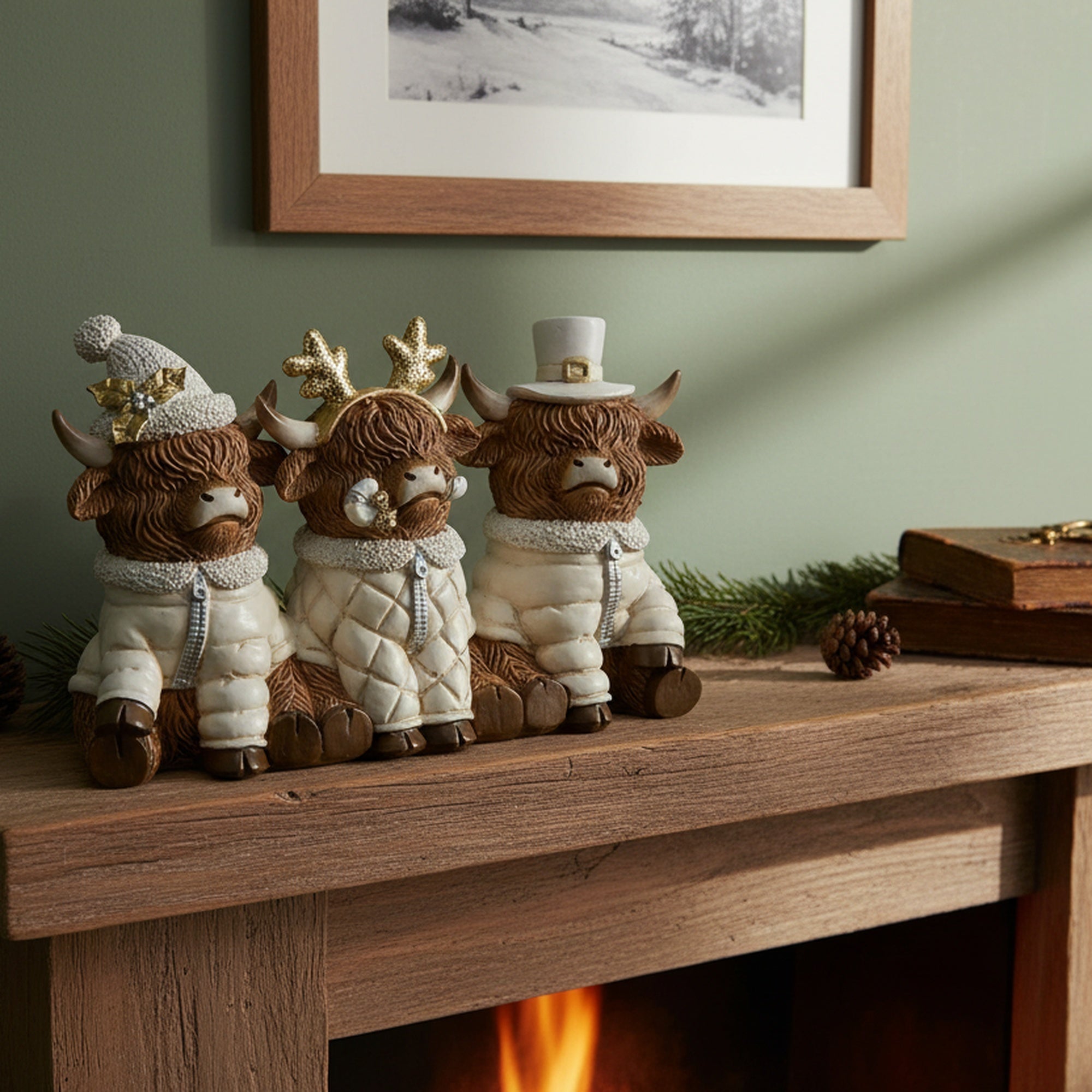 Polyresin Triple Highland Cow Figurine, Figurine, Holiday Decor