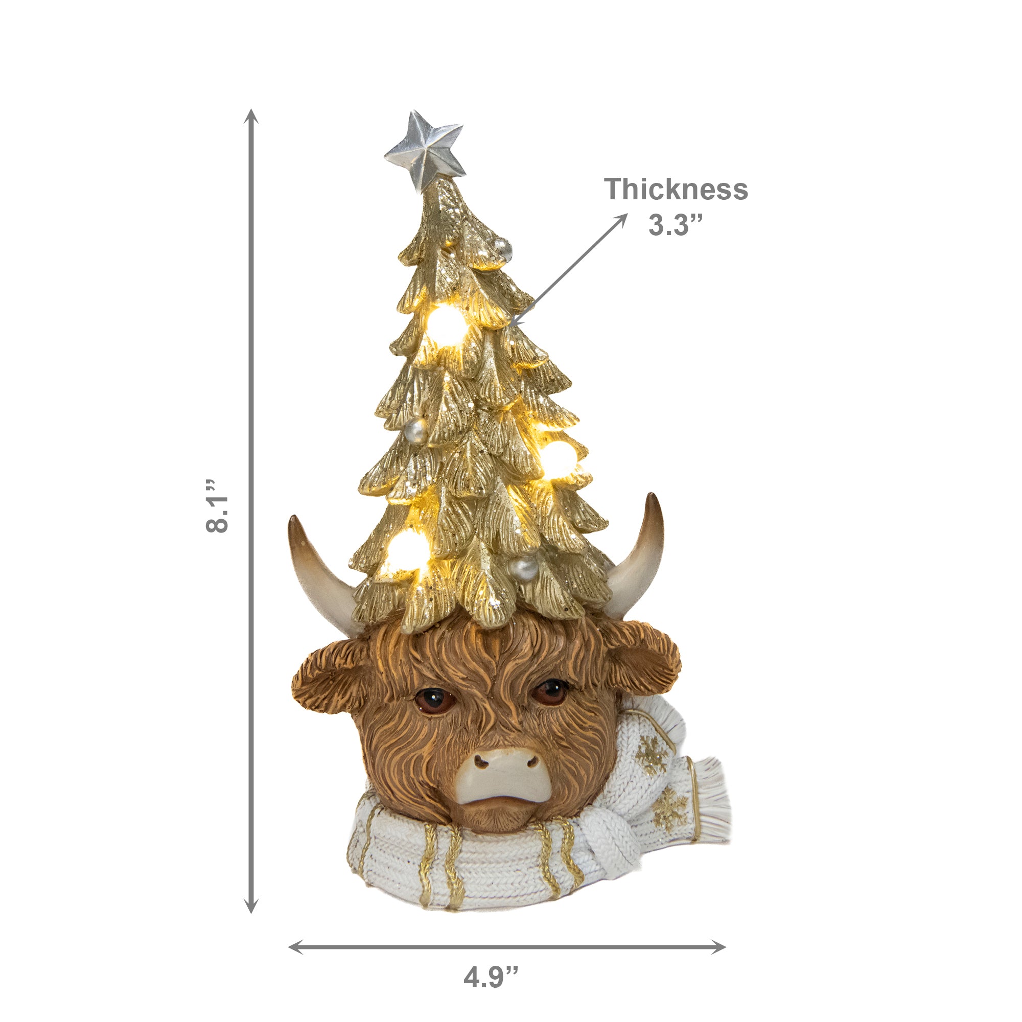 LED Polyresin Highland Cow with Christmas Tree Hat, Christmas, Holiday Decor